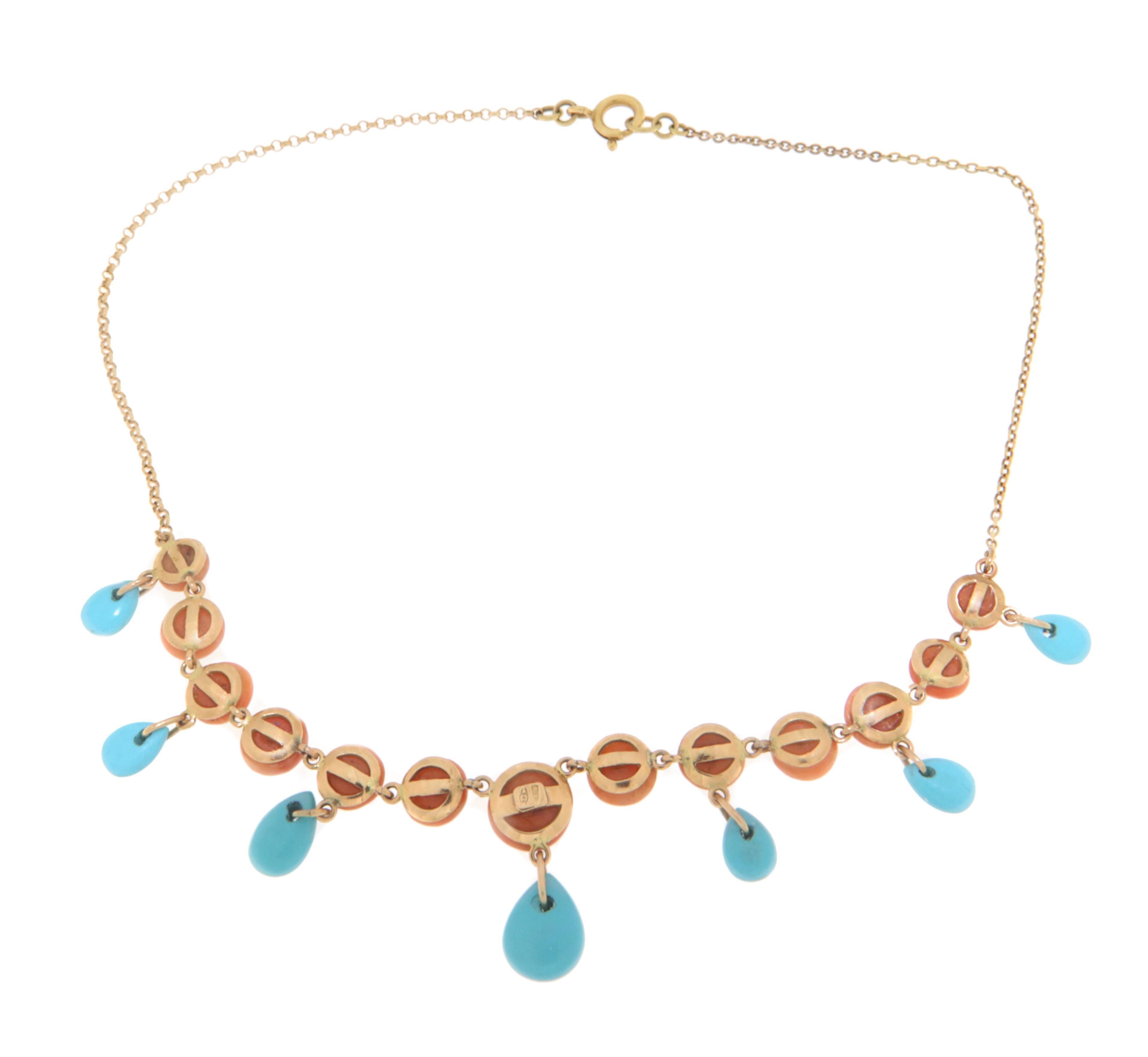 Round Cut Coral Turquoise 14 Karat Yellow Gold Pendant Necklace For Sale