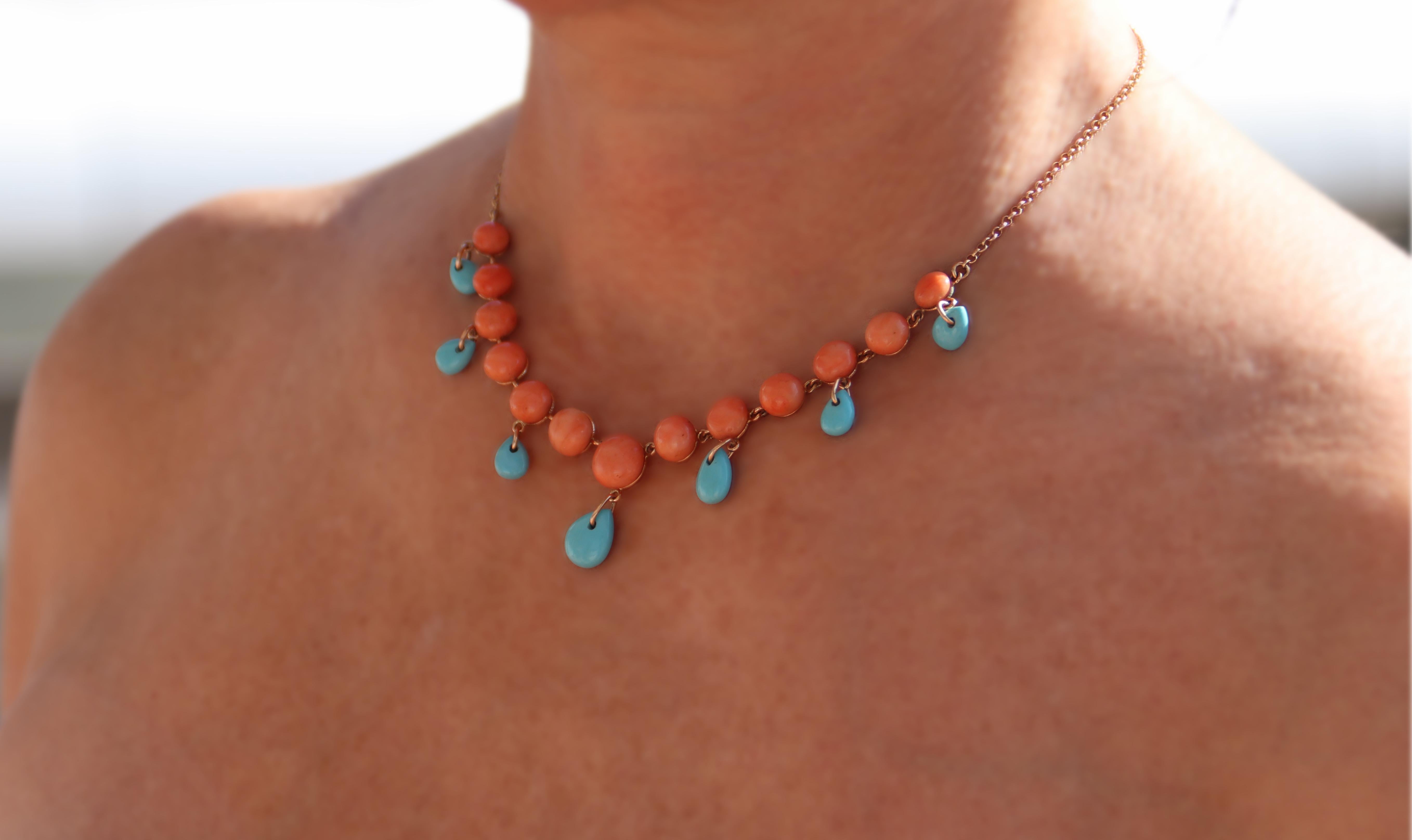 Women's Coral Turquoise 14 Karat Yellow Gold Pendant Necklace For Sale