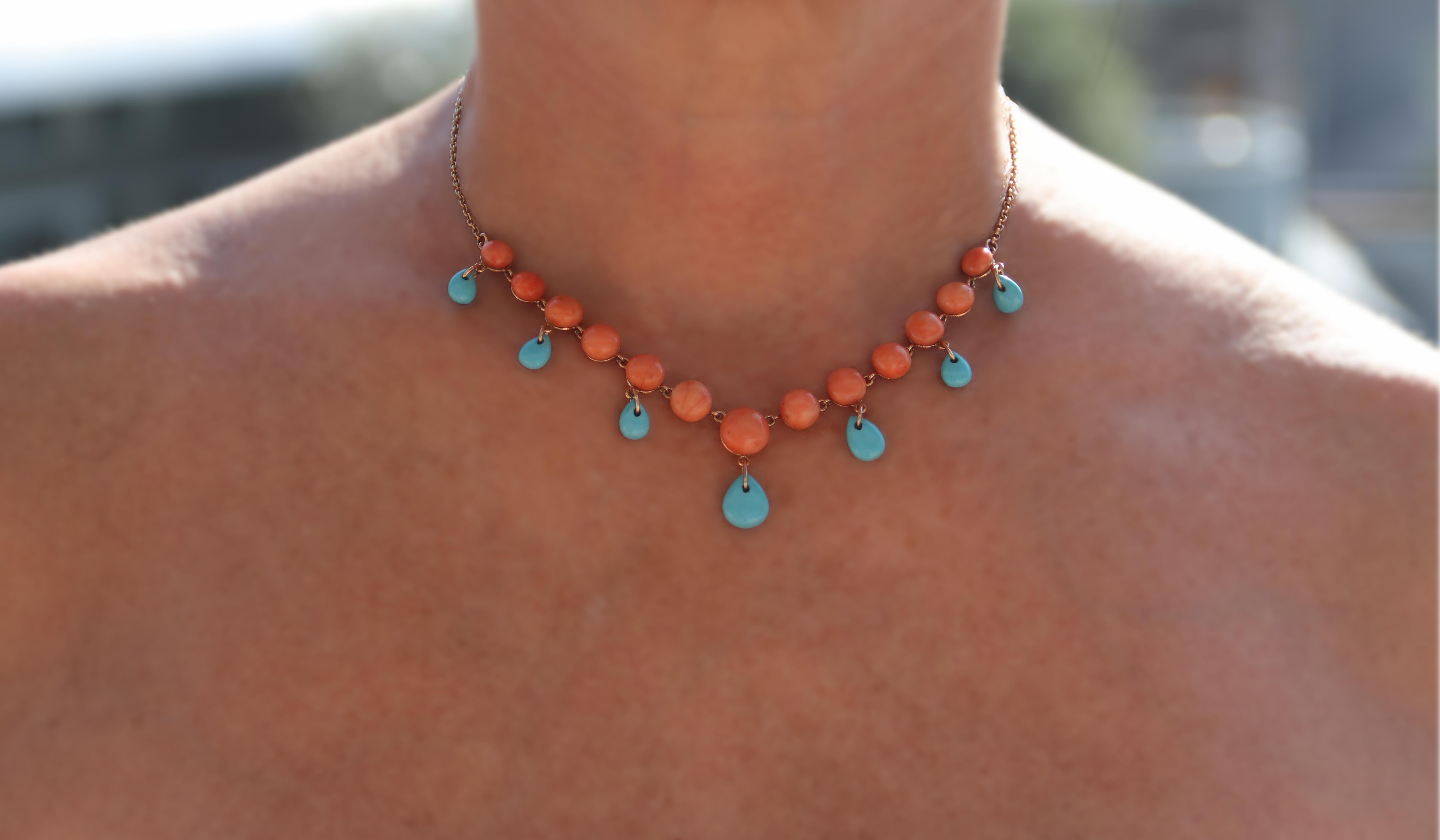 Coral Turquoise 14 Karat Yellow Gold Pendant Necklace For Sale 1
