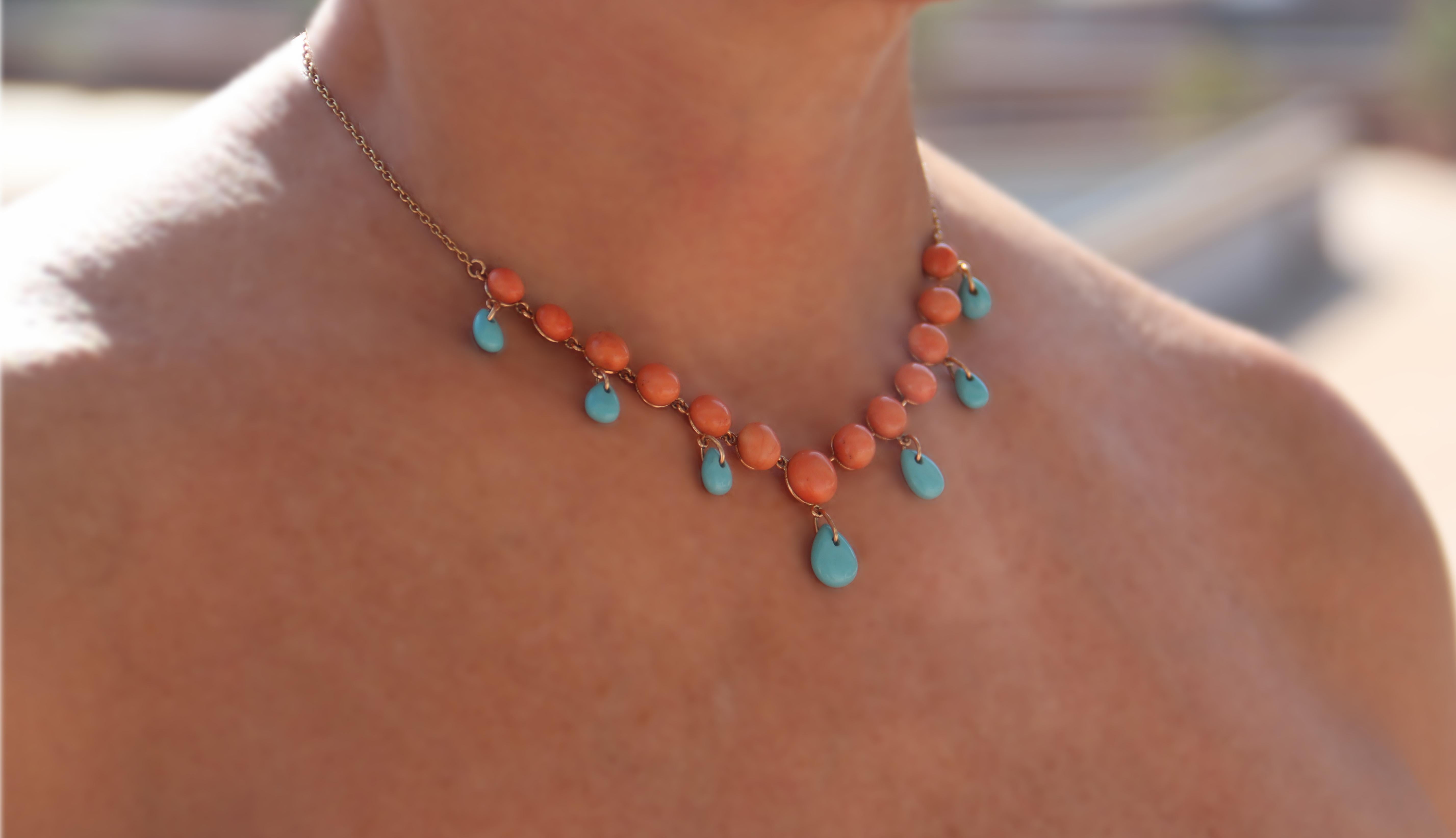 Coral Turquoise 14 Karat Yellow Gold Pendant Necklace For Sale 2
