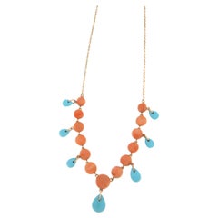 Collar Colgante Turquesa Coral 14 Kilates Oro Amarillo