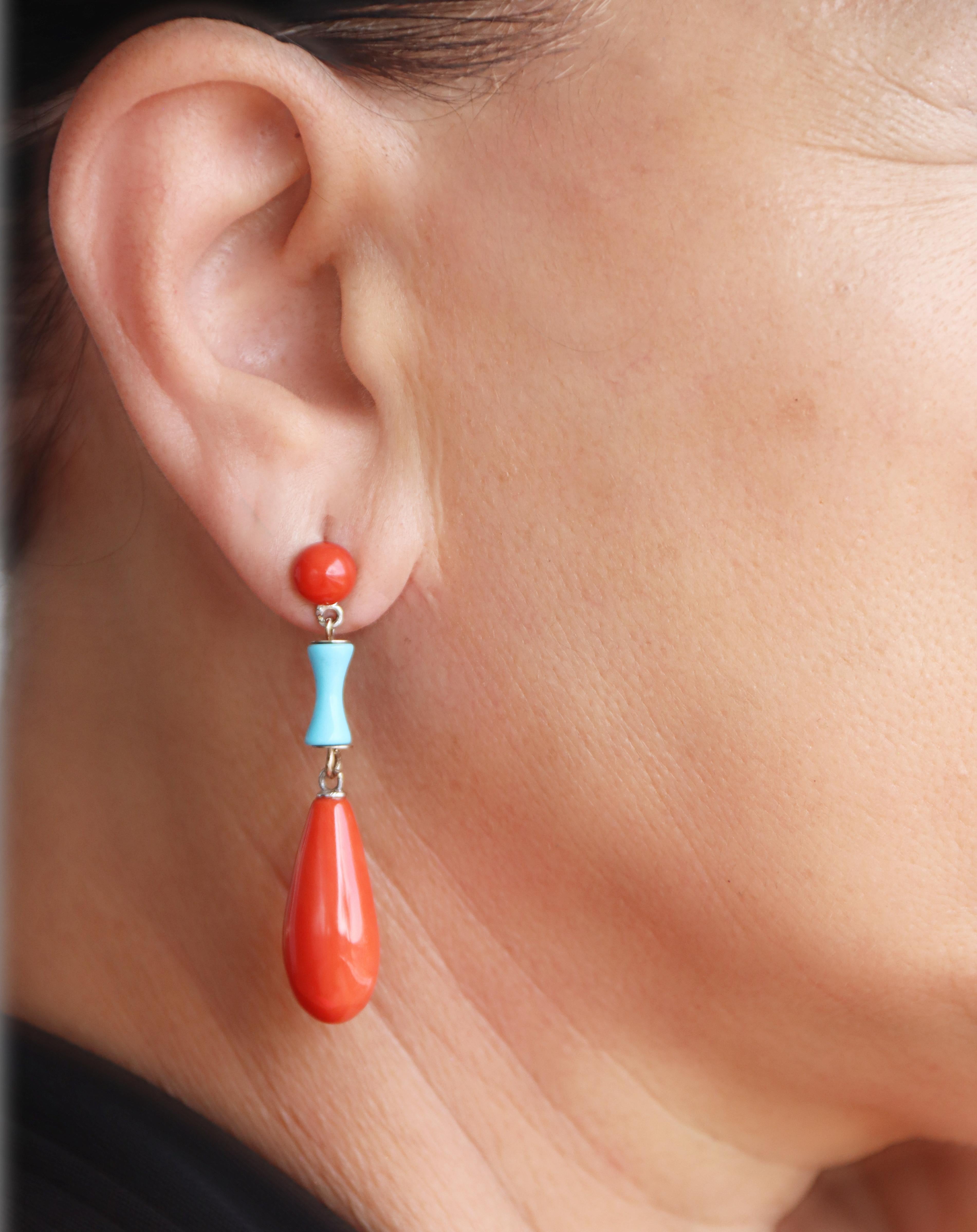 Coral Turquoise 18 Karat White Gold Drop Earrings For Sale 5