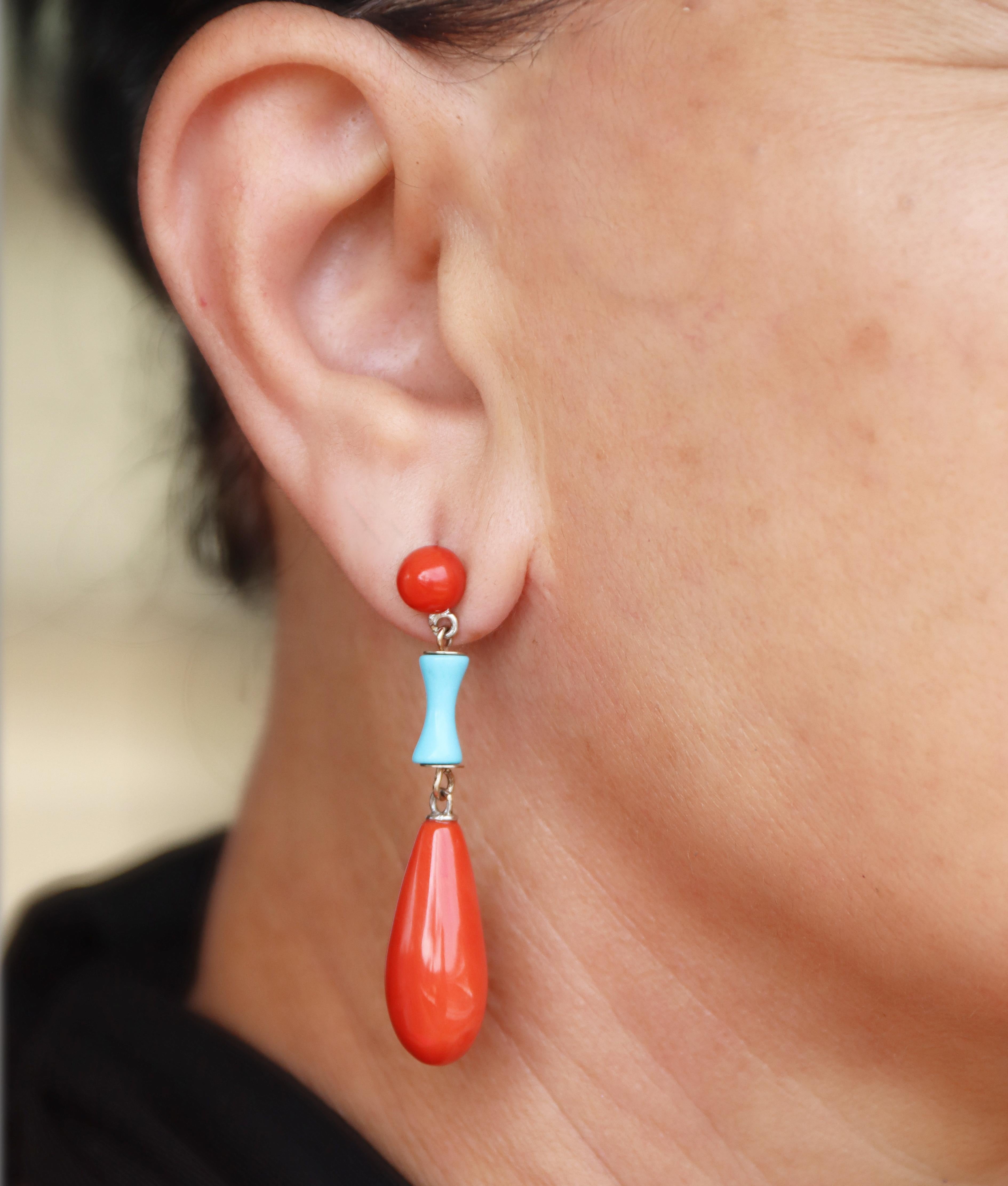 Coral Turquoise 18 Karat White Gold Drop Earrings For Sale 6