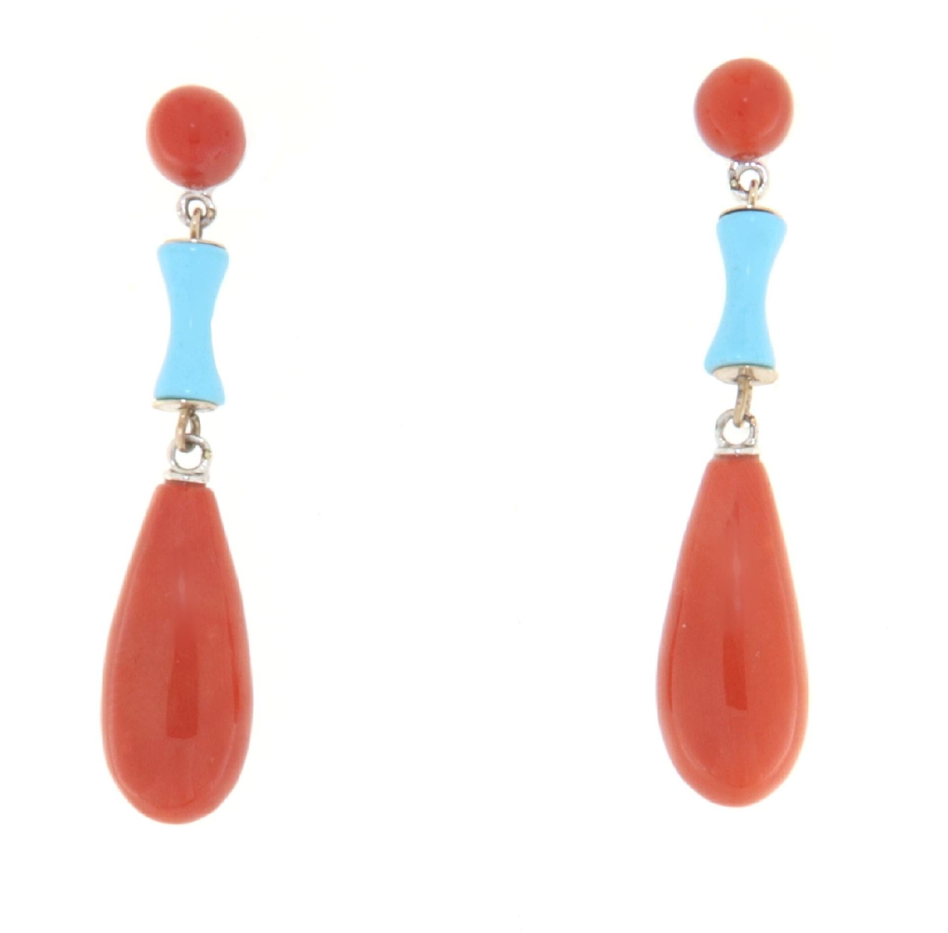 Artisan Coral Turquoise 18 Karat White Gold Drop Earrings For Sale