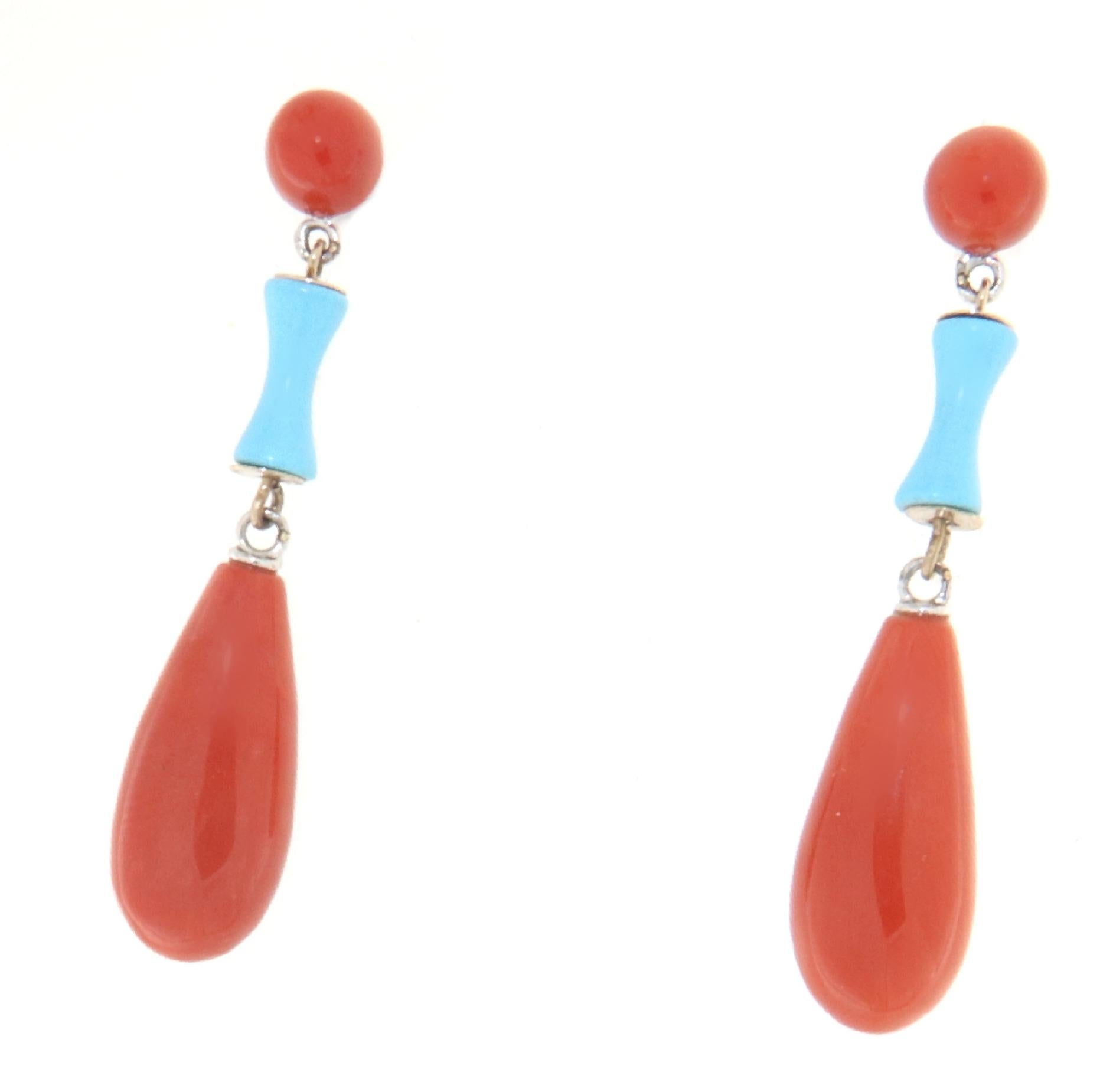 Mixed Cut Coral Turquoise 18 Karat White Gold Drop Earrings For Sale