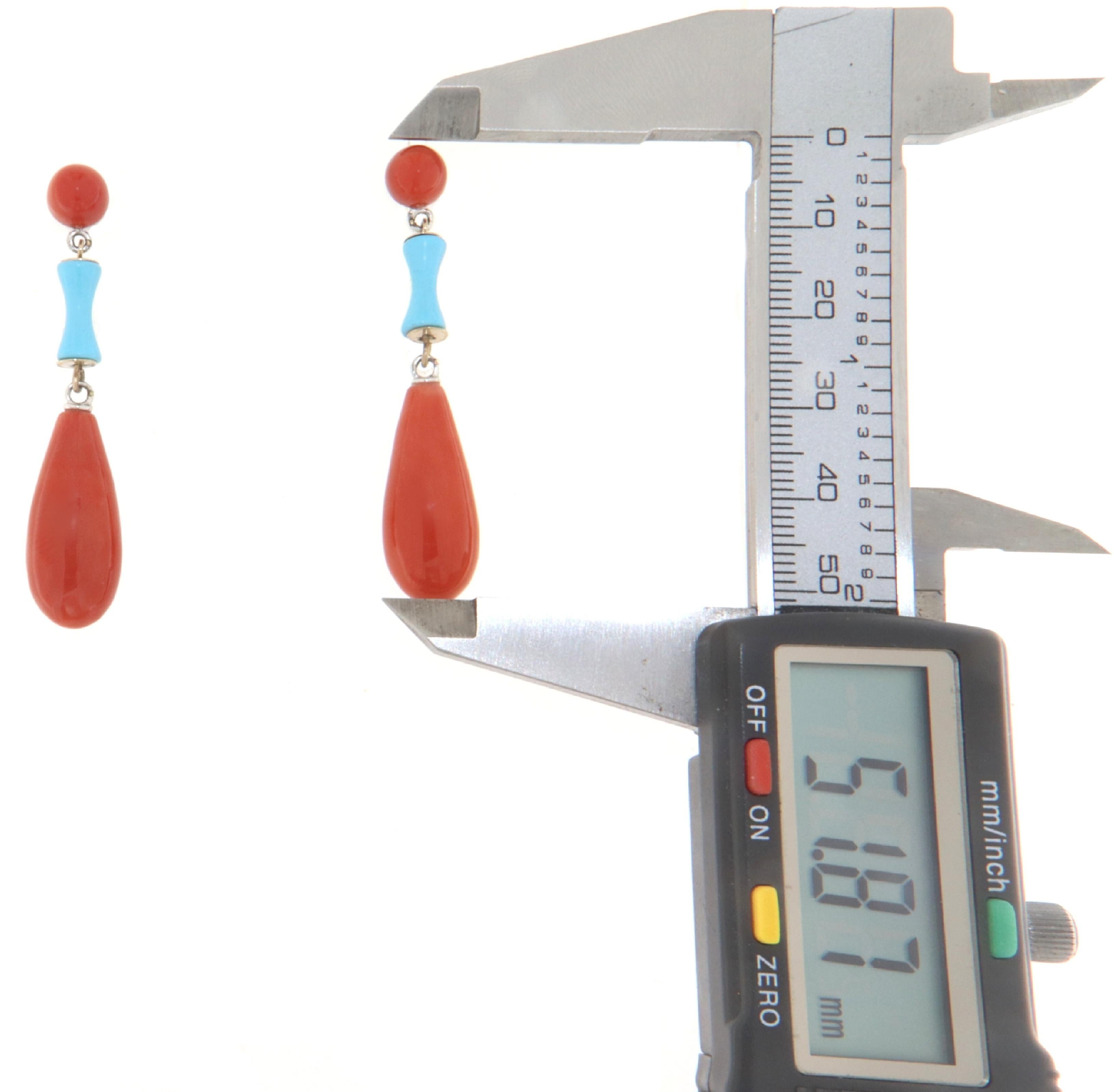 Coral Turquoise 18 Karat White Gold Drop Earrings In New Condition For Sale In Marcianise, IT