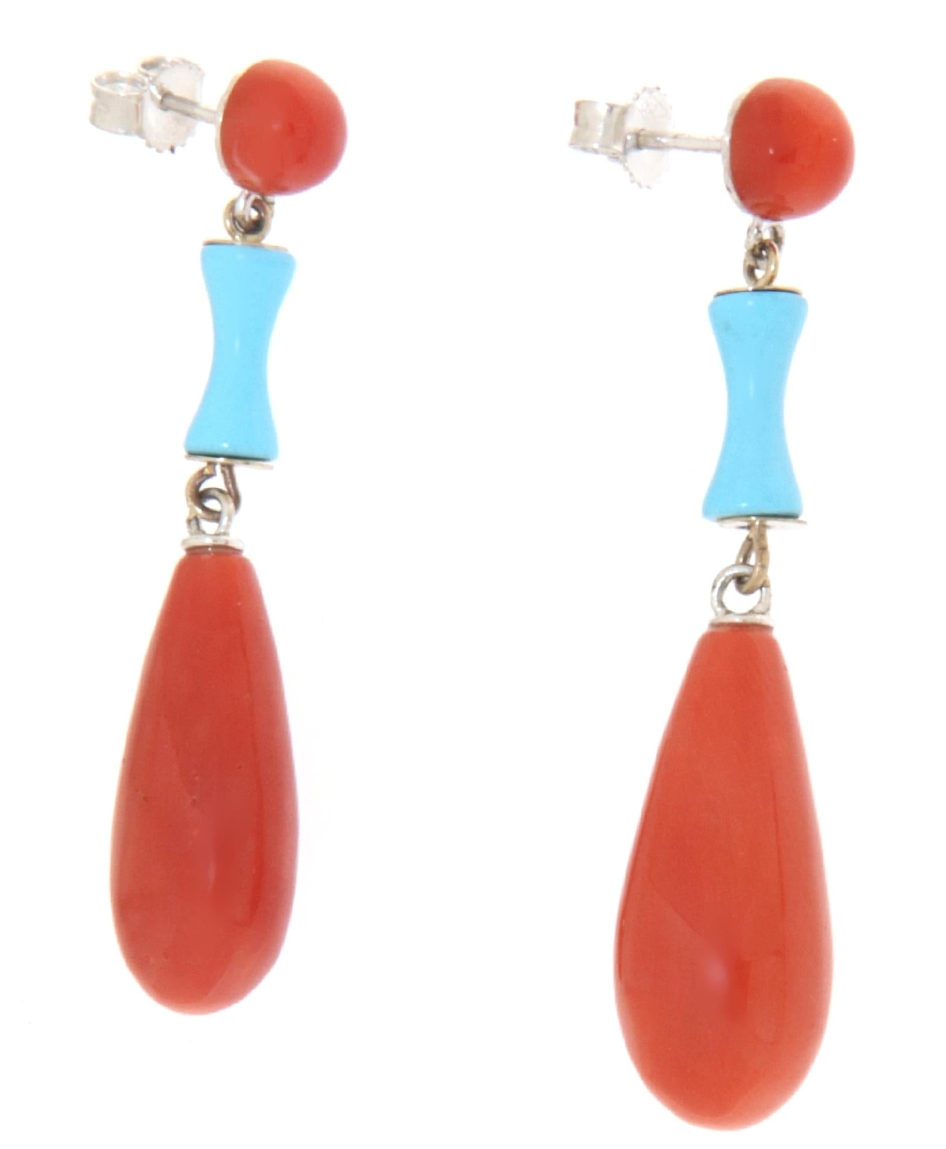 Women's Coral Turquoise 18 Karat White Gold Drop Earrings For Sale