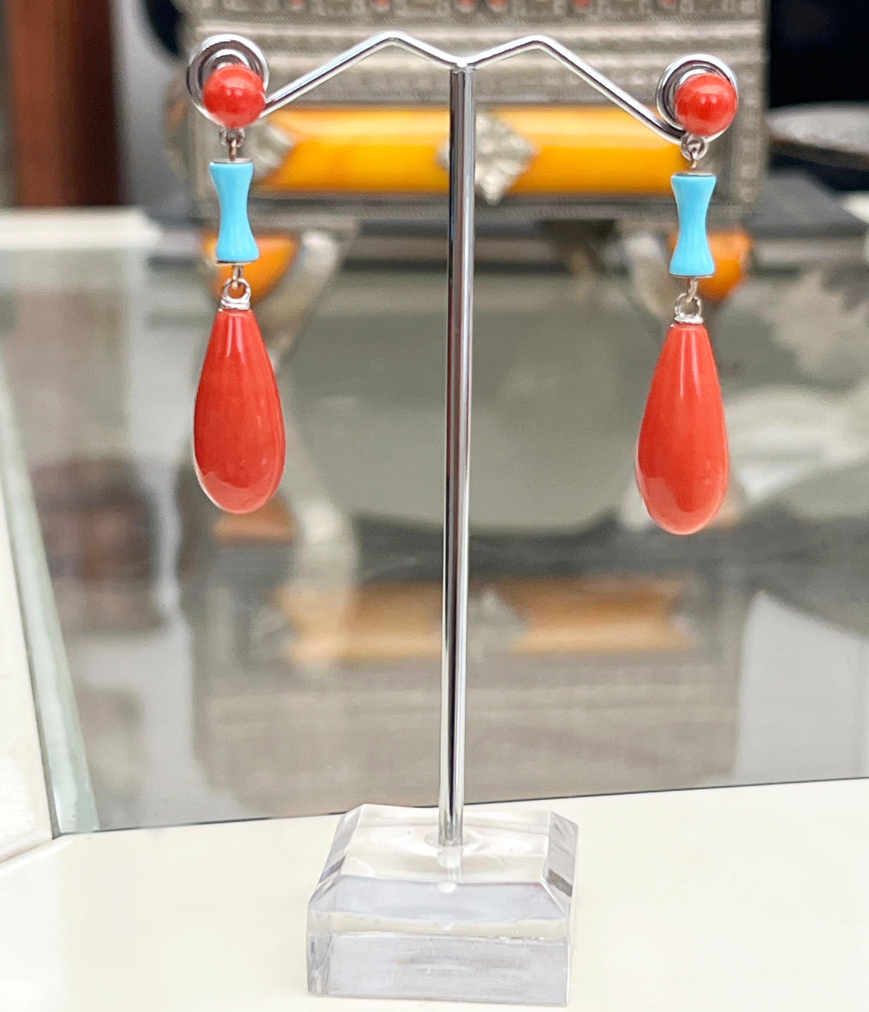 Coral Turquoise 18 Karat White Gold Drop Earrings For Sale 1