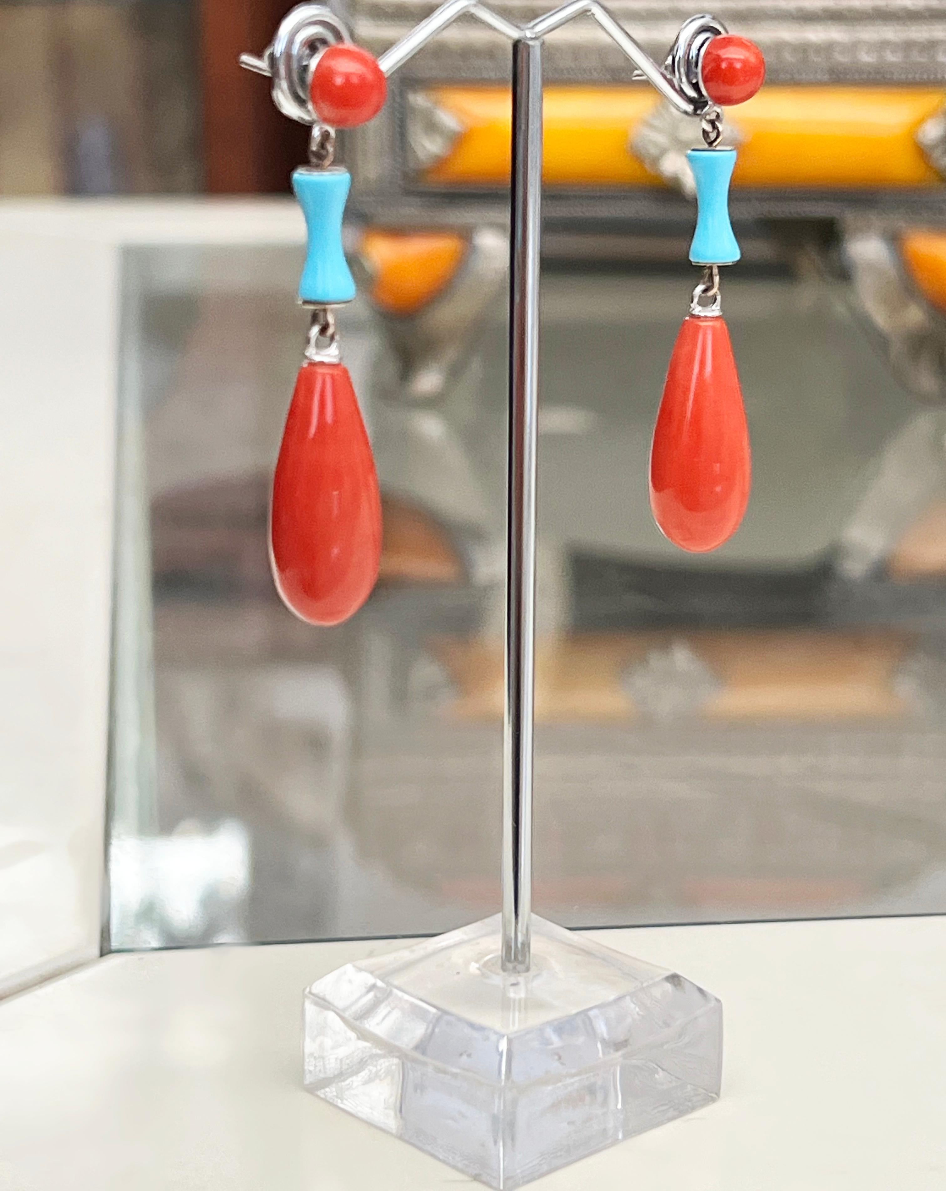 Coral Turquoise 18 Karat White Gold Drop Earrings For Sale 2