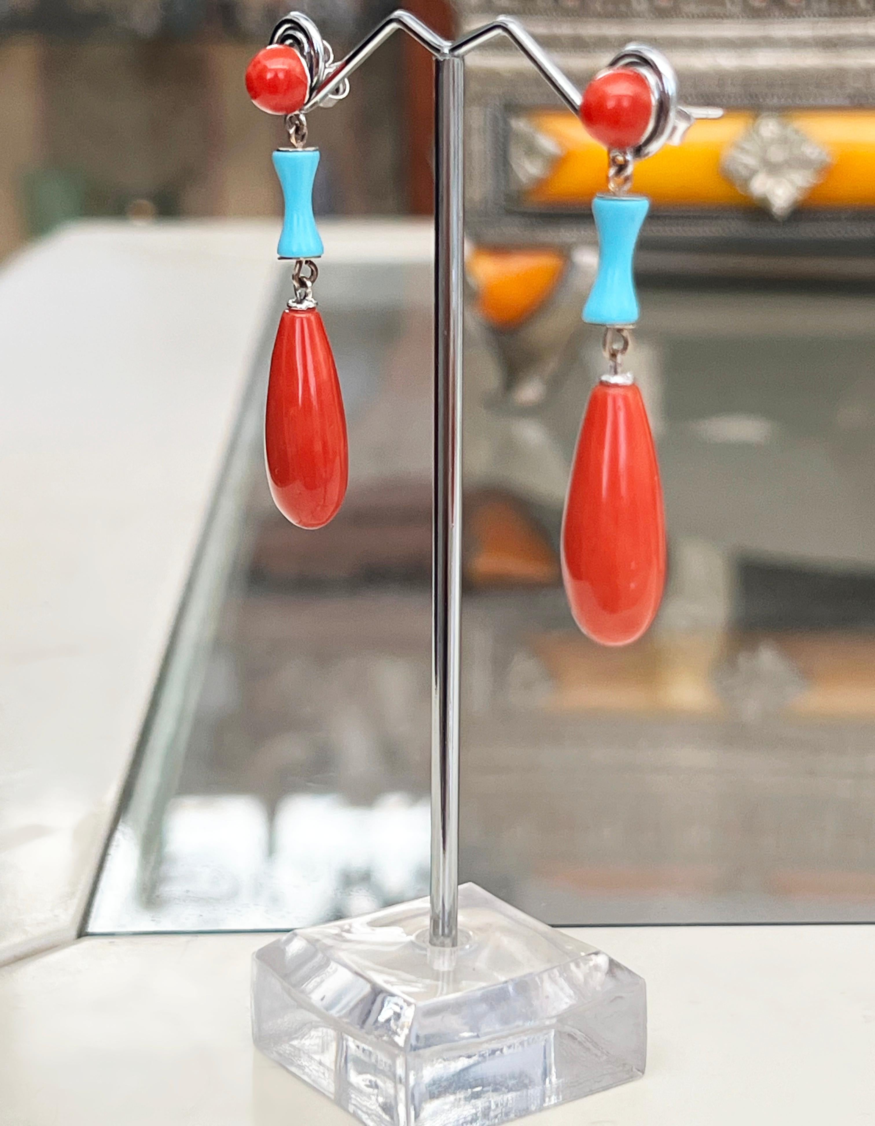 Coral Turquoise 18 Karat White Gold Drop Earrings For Sale 3