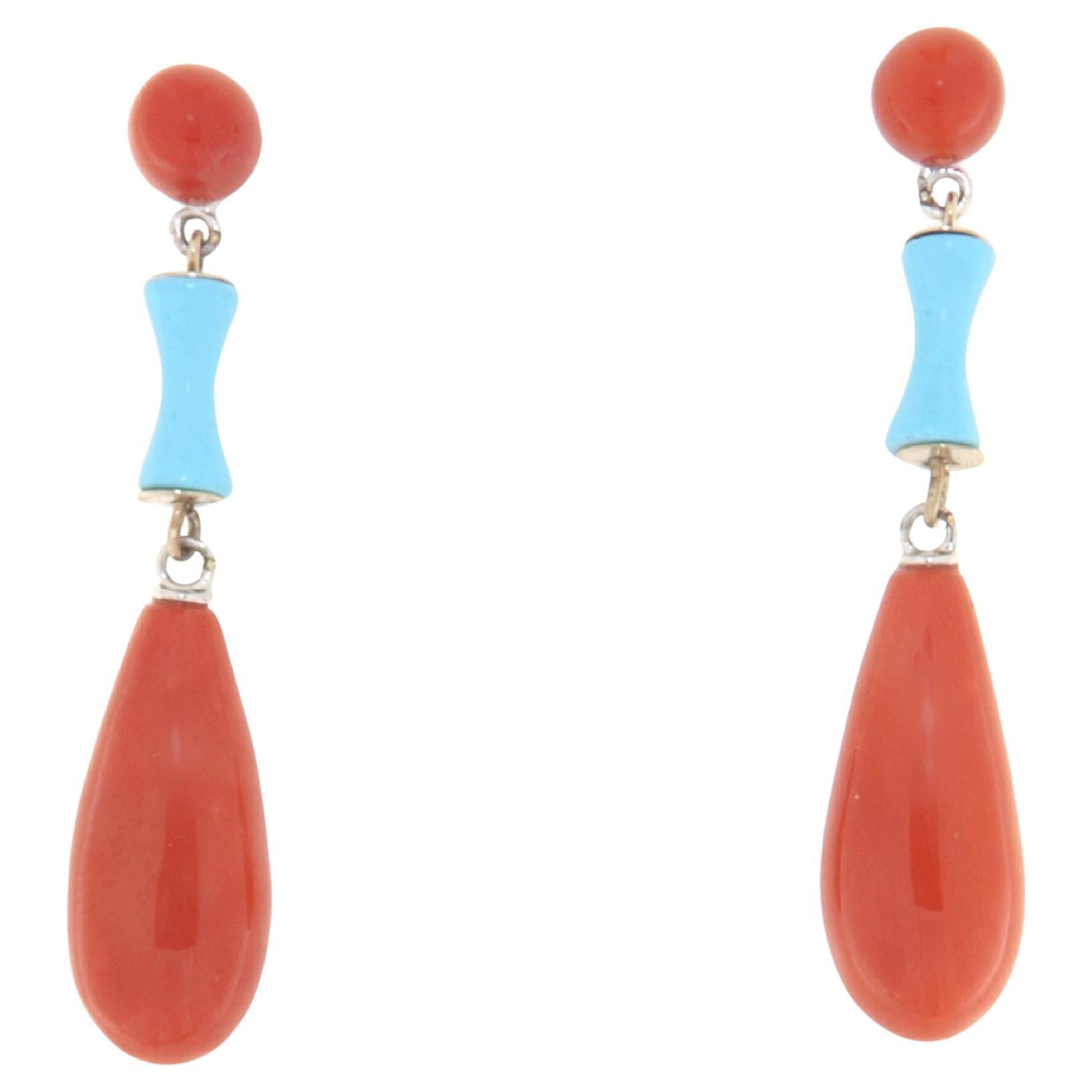 Coral Turquoise 18 Karat White Gold Drop Earrings