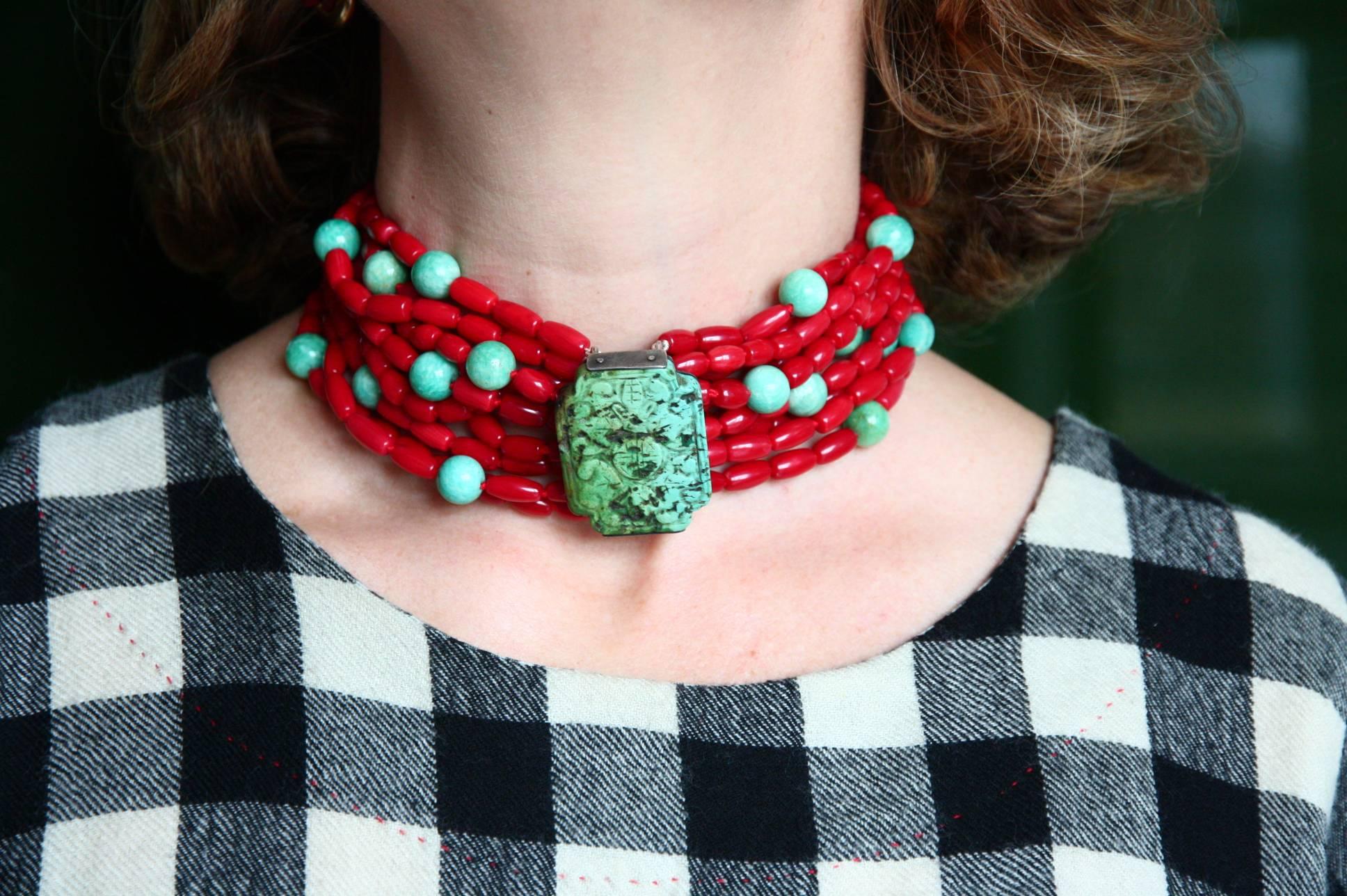 Special multi strain choker,  red coral with amazonite beads central antiques  very rare engrave Tibetan turquoise. Total length 38 cm, if need we can adjust the measure according to your needs.
Bronze linked.
All Giulia Colussi jewelry is new and