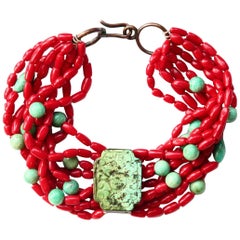 Collier ras du cou en corail, turquoise et amazonite