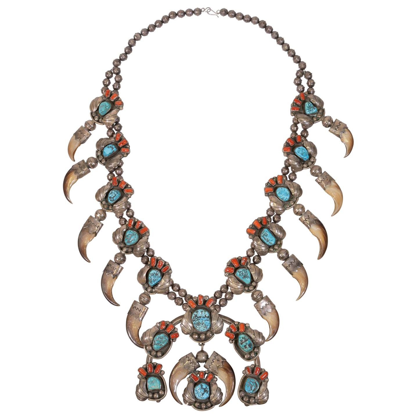 Coral, Turquoise and Bear Claw Necklace