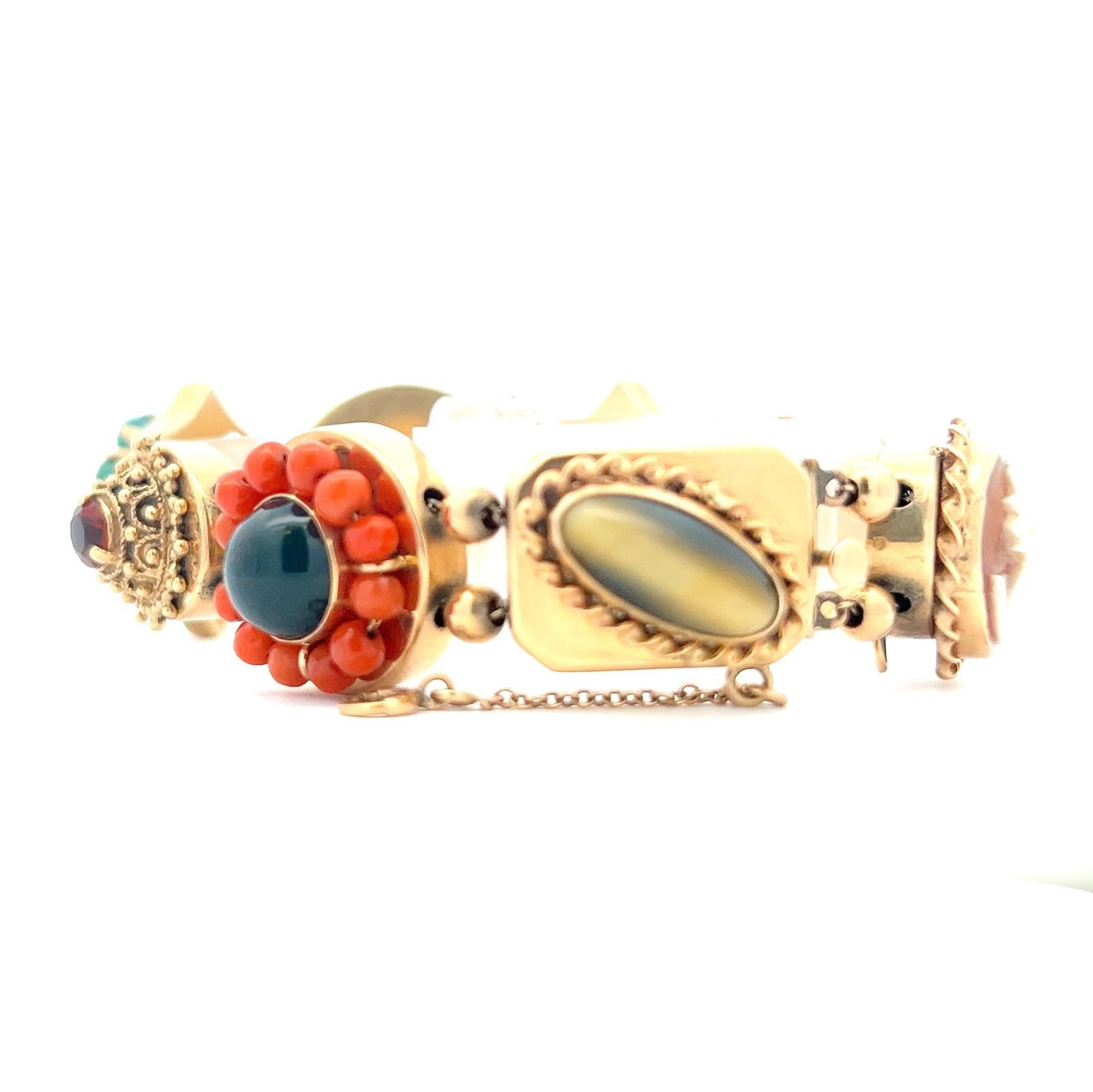 Cabochon Coral Turquoise Butterfly Cameo 14 Karat Yellow Gold Vintage Slide Bracelet
