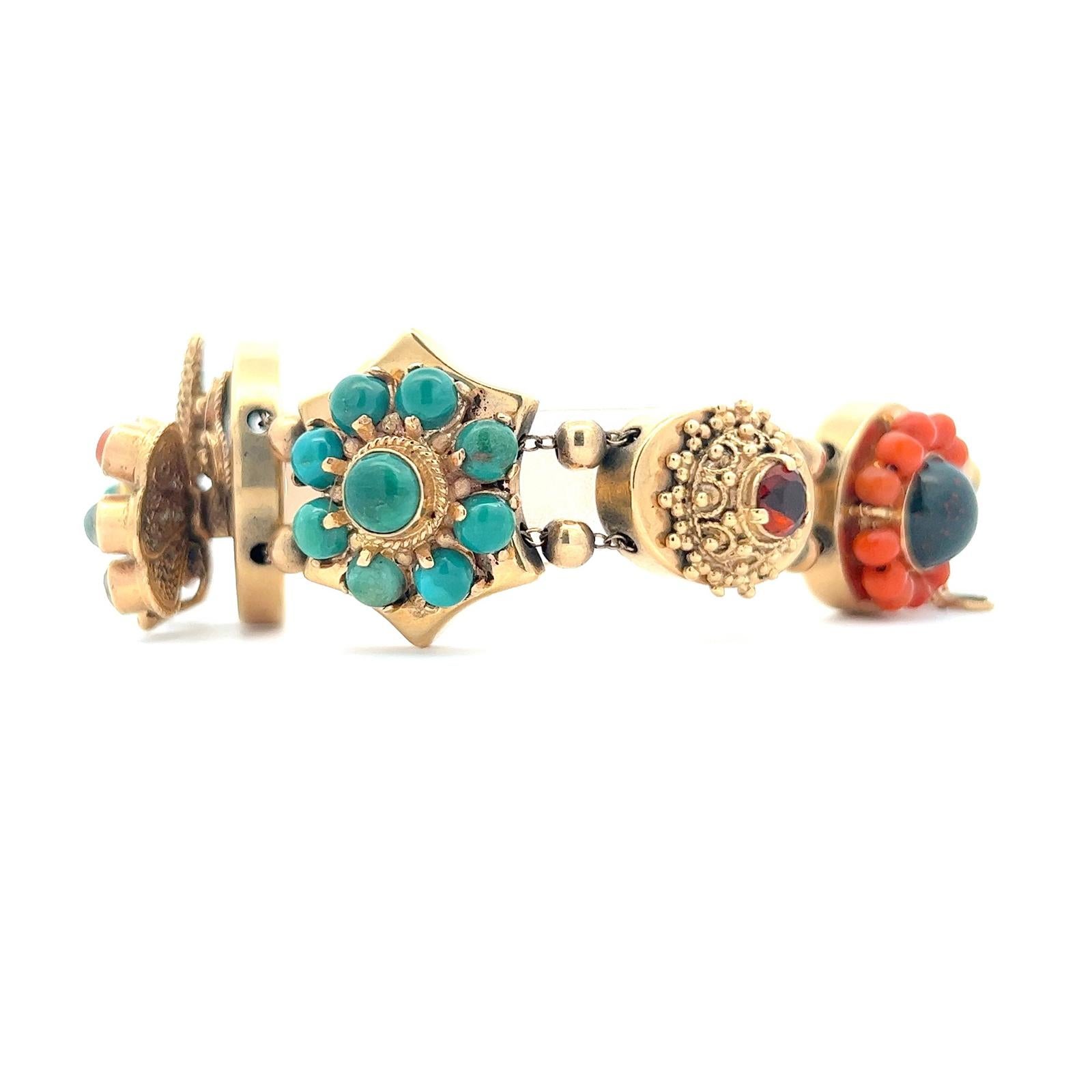 Coral Turquoise Butterfly Cameo 14 Karat Yellow Gold Vintage Slide Bracelet In Excellent Condition In Boca Raton, FL