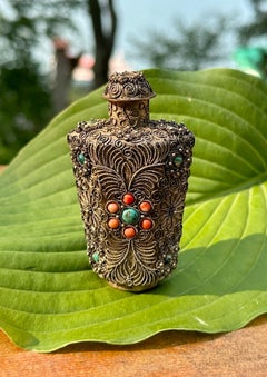 Coral Turquoise Chinese Export Silver Perfume Snuff Bottle Antique Filigree