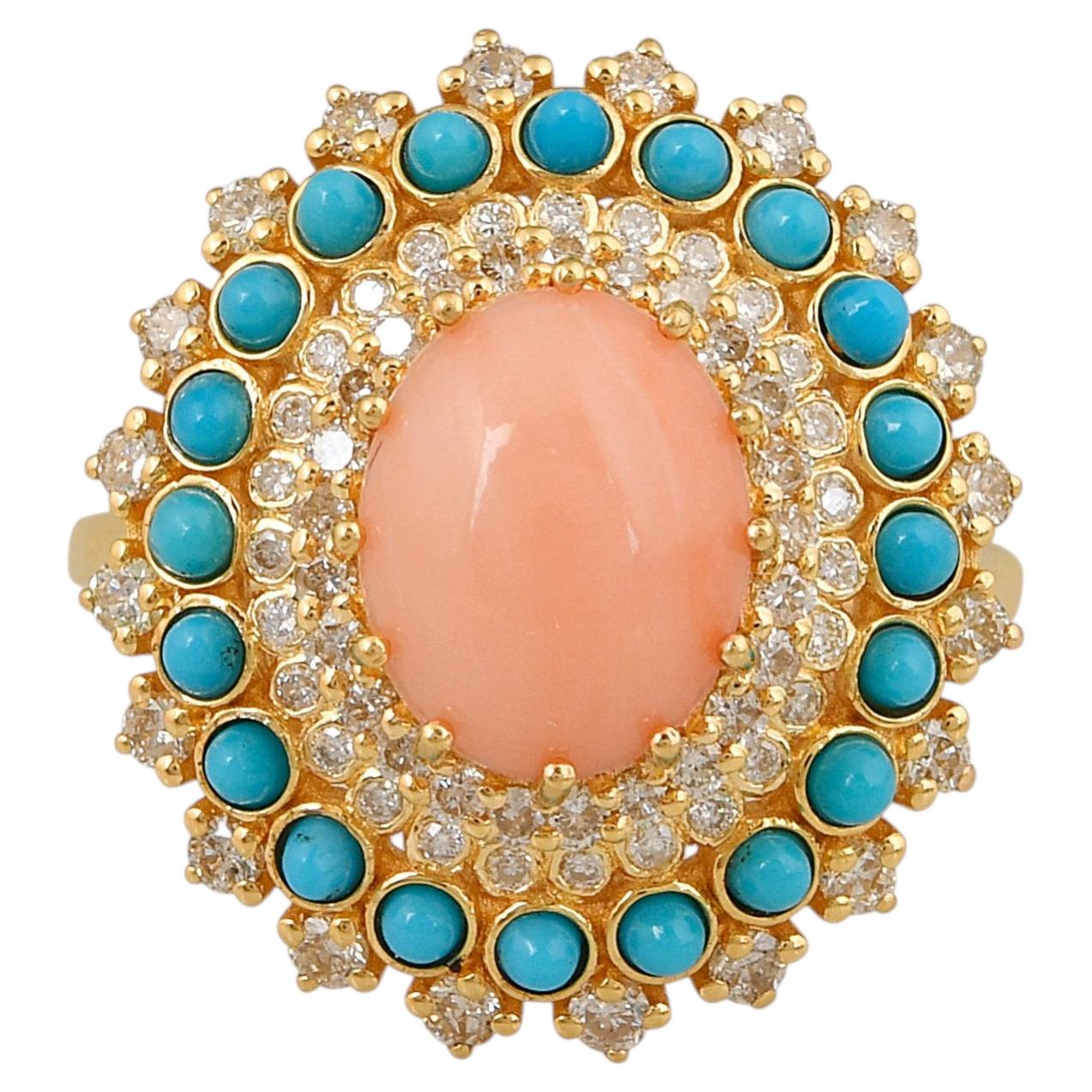 En venta: Anillo Cóctel Turquesa Coral con Diamante Oro Amarillo 18k Alta Joyería