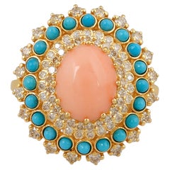 Coral Turquoise Cocktail Ring with Diamond 18k Yellow Gold Fine Jewelry
