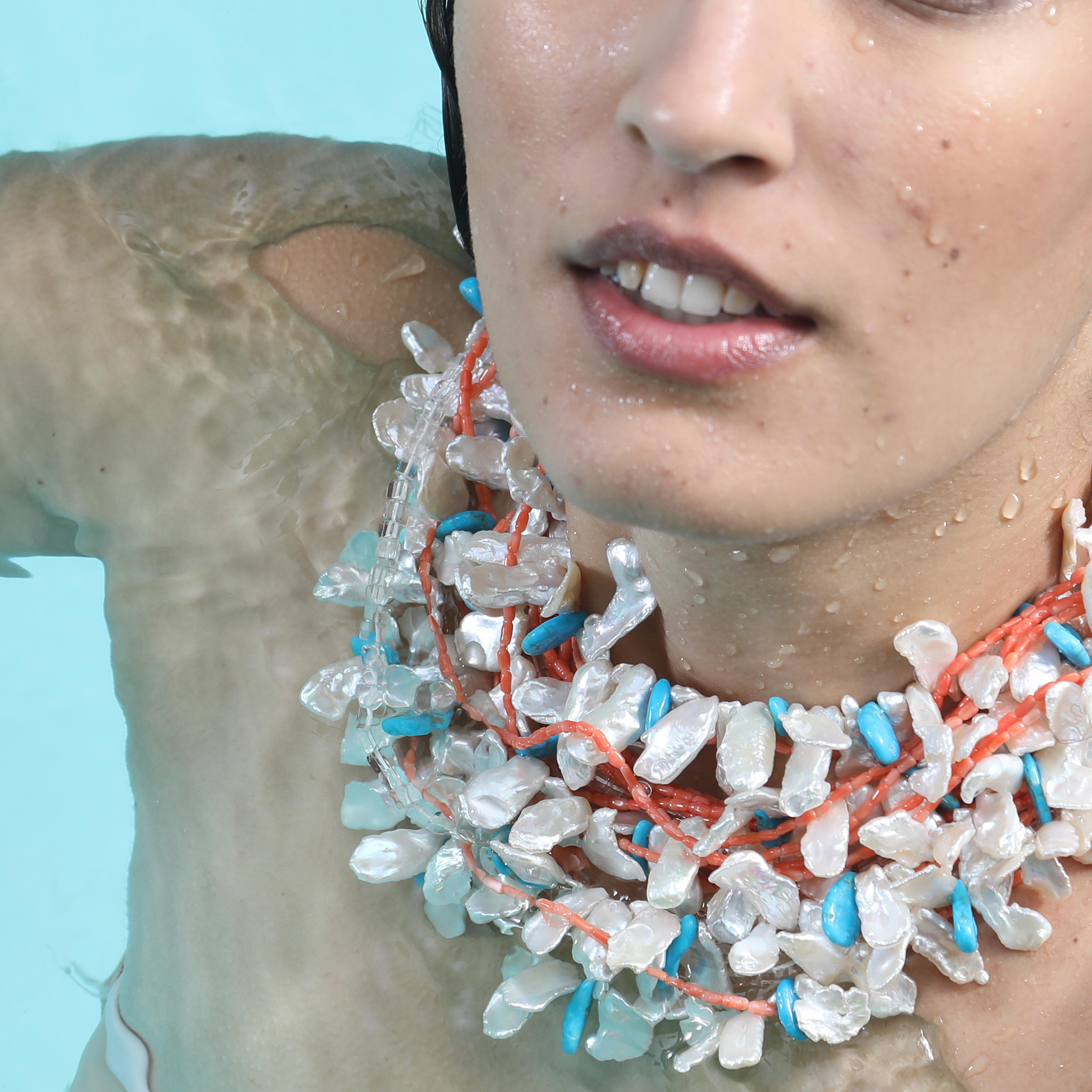 Koralle Türkis Kristall Nuggets Perle Edelstein 925 Vergoldetes Silber Perlenkette (Art nouveau)