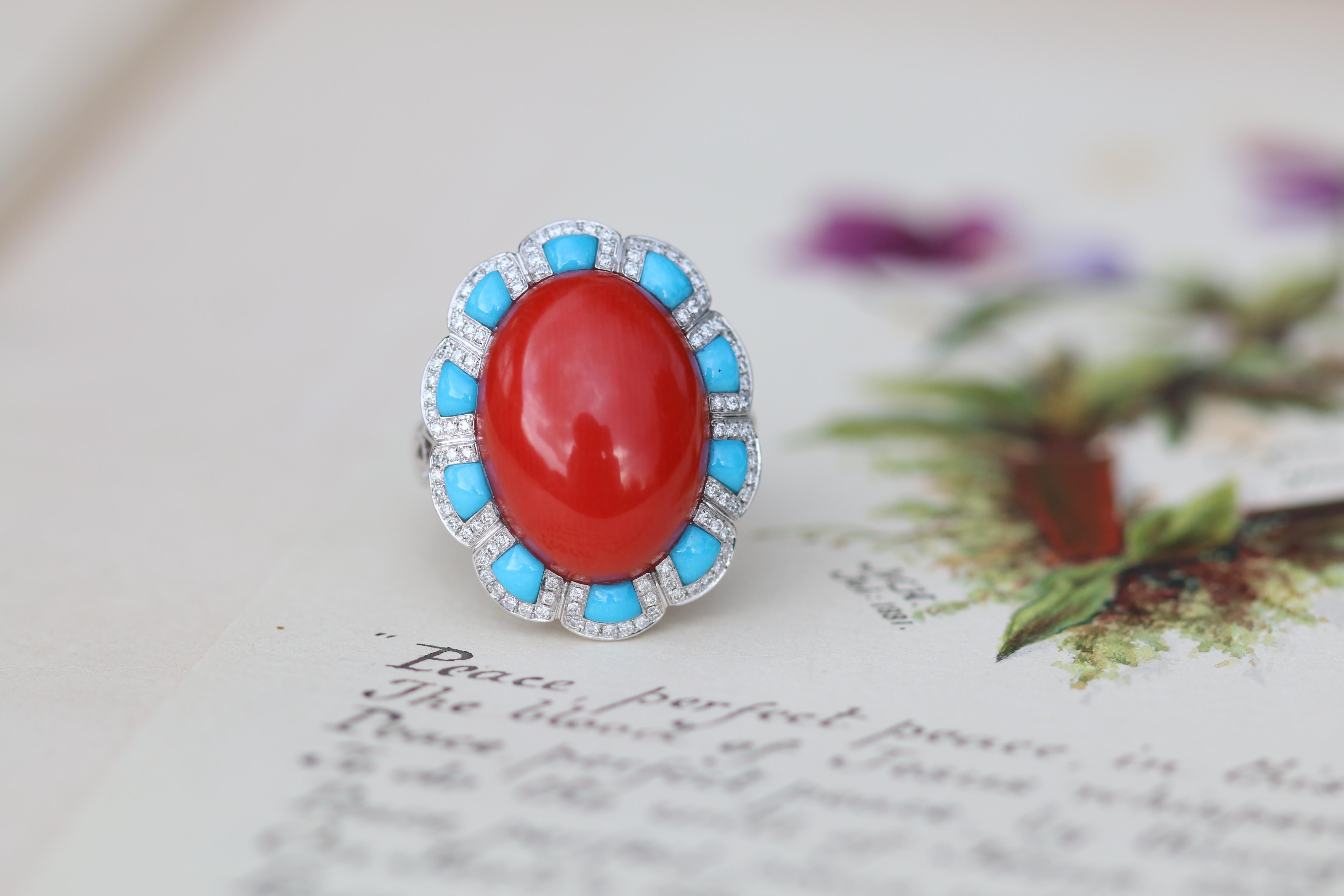 Coral Turquoise Diamond White Gold Cocktail Style Ring 2