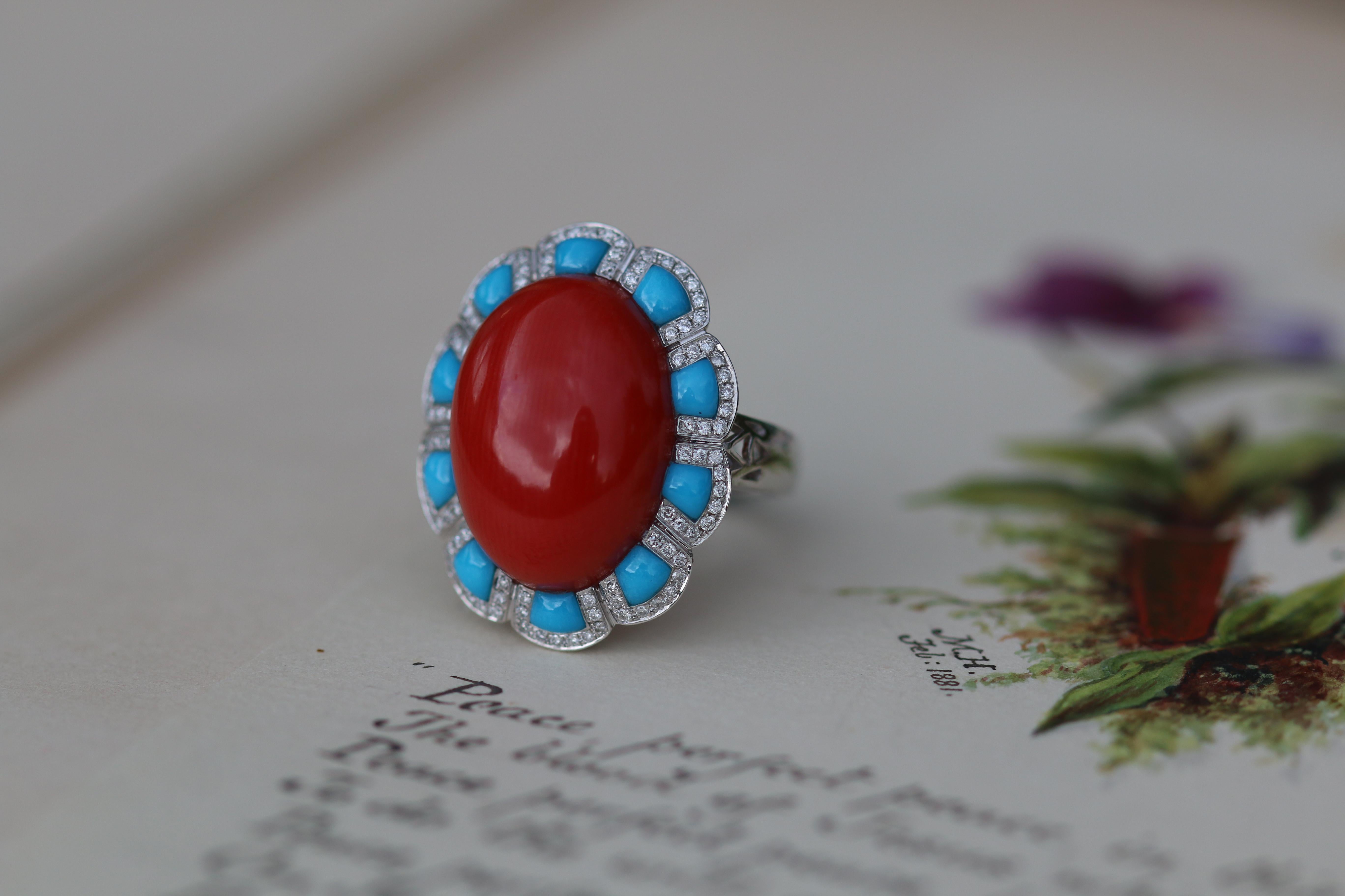 Coral Turquoise Diamond White Gold Cocktail Style Ring 5