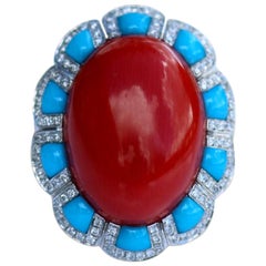Bague de cocktail en or blanc avec corail:: turquoise et diamant