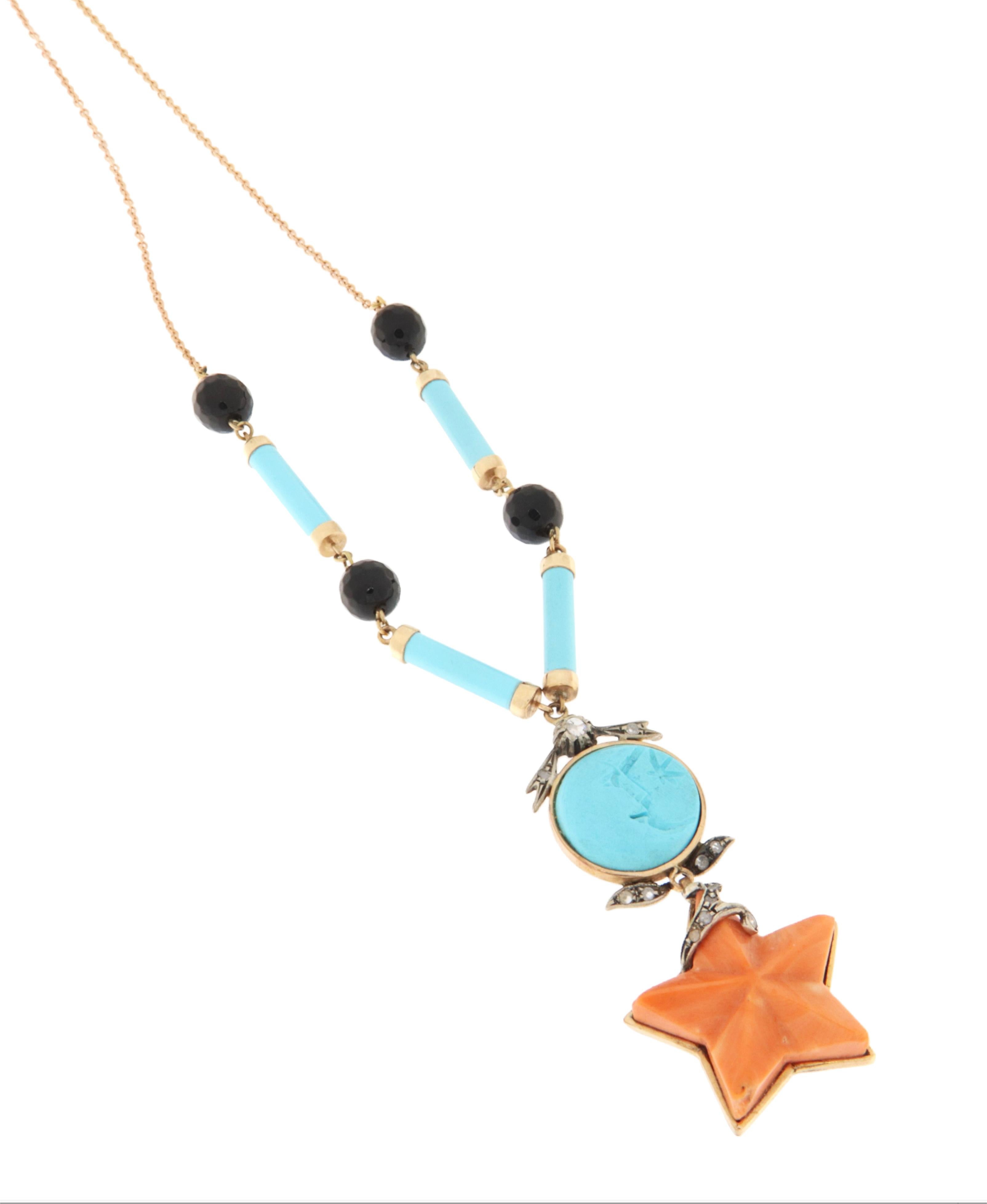 This stunning necklace is a true masterpiece of fine jewelry, crafted in 14K yellow gold and 800-millesimal silver, materials that lend it timeless elegance and unparalleled sophistication.

The necklace is adorned with a harmonious combination of