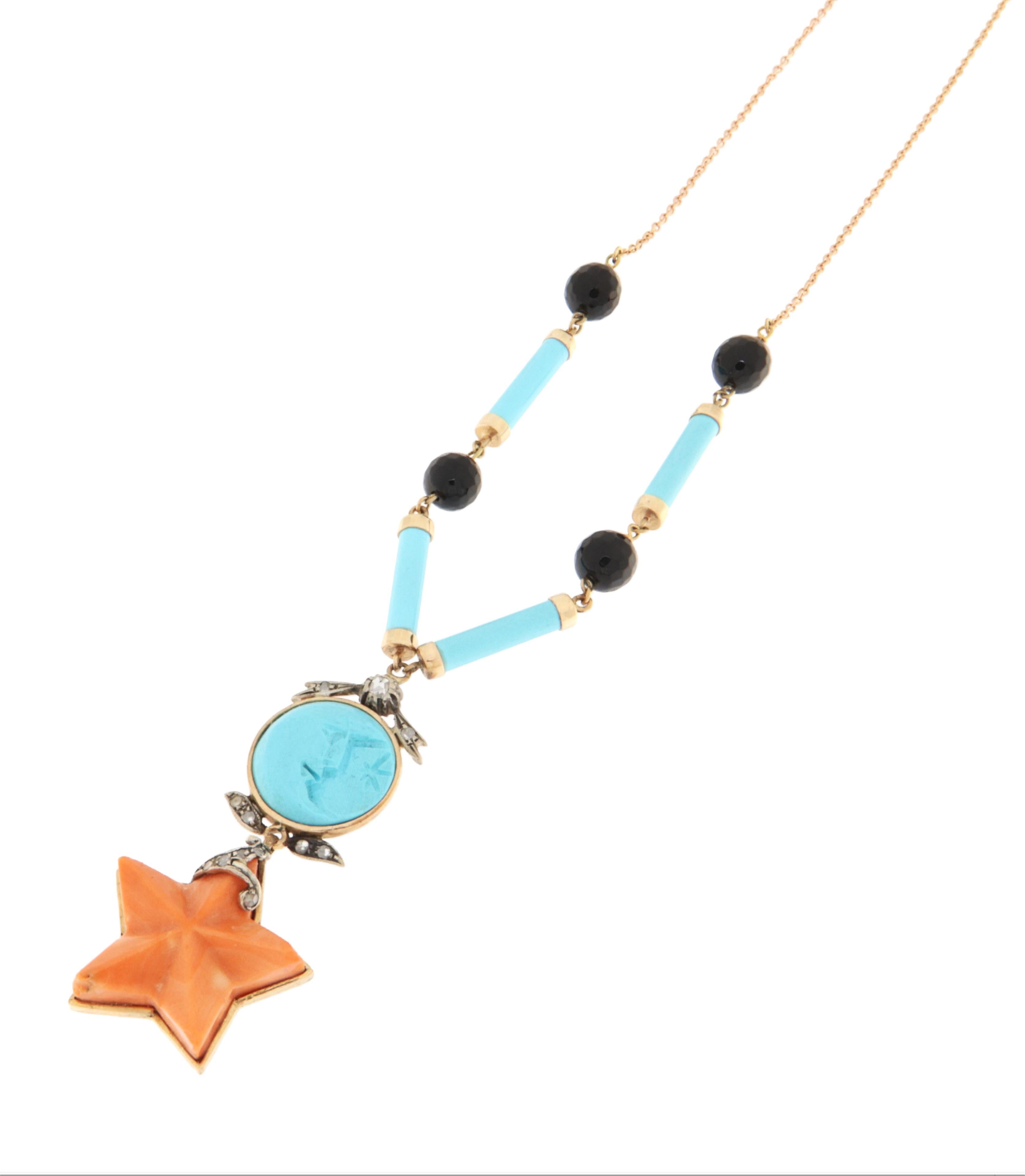 Artisan Coral Turquoise Diamonds Onyx 14 Karat Yellow Gold Pendant Necklace For Sale