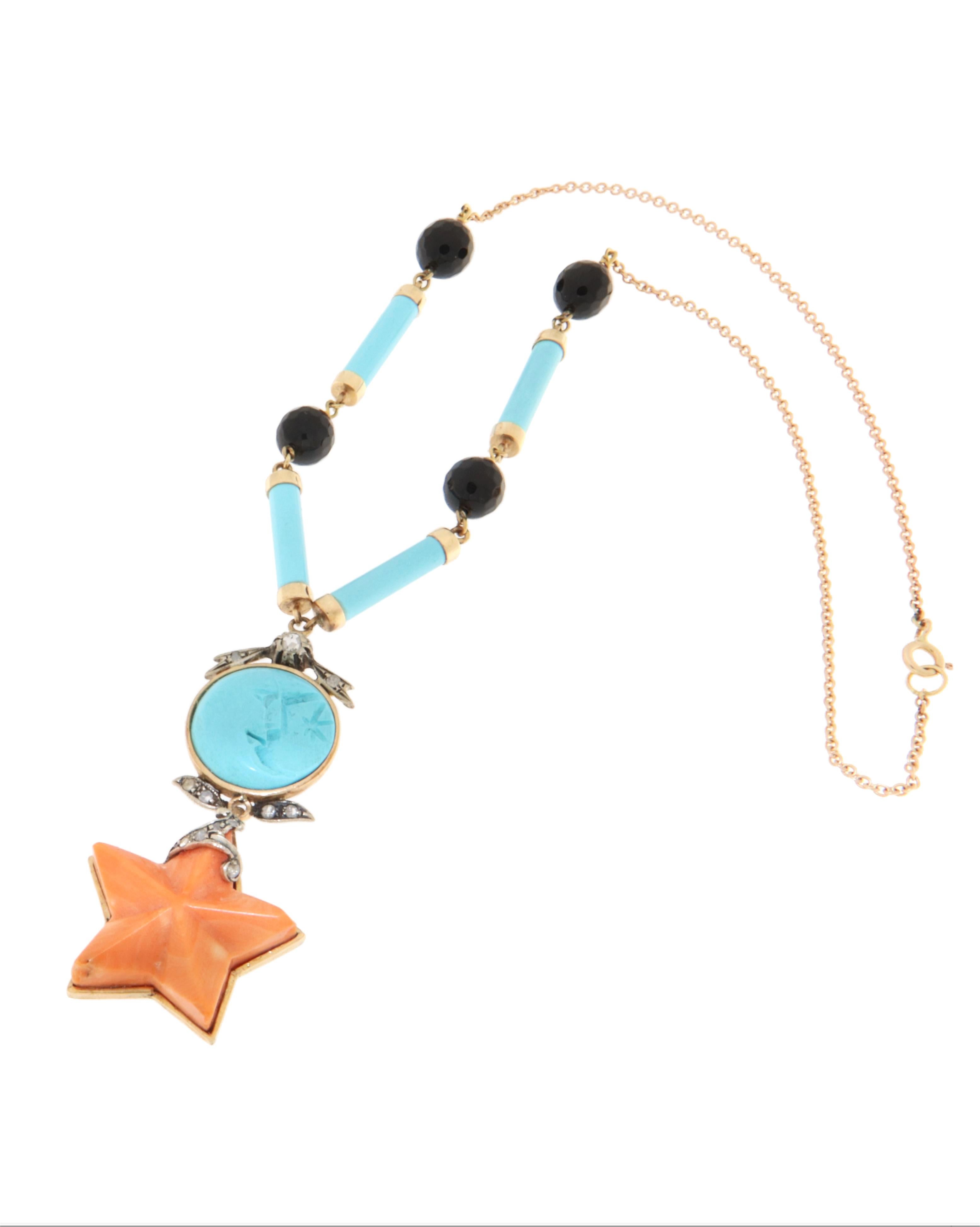 Mixed Cut Coral Turquoise Diamonds Onyx 14 Karat Yellow Gold Pendant Necklace For Sale