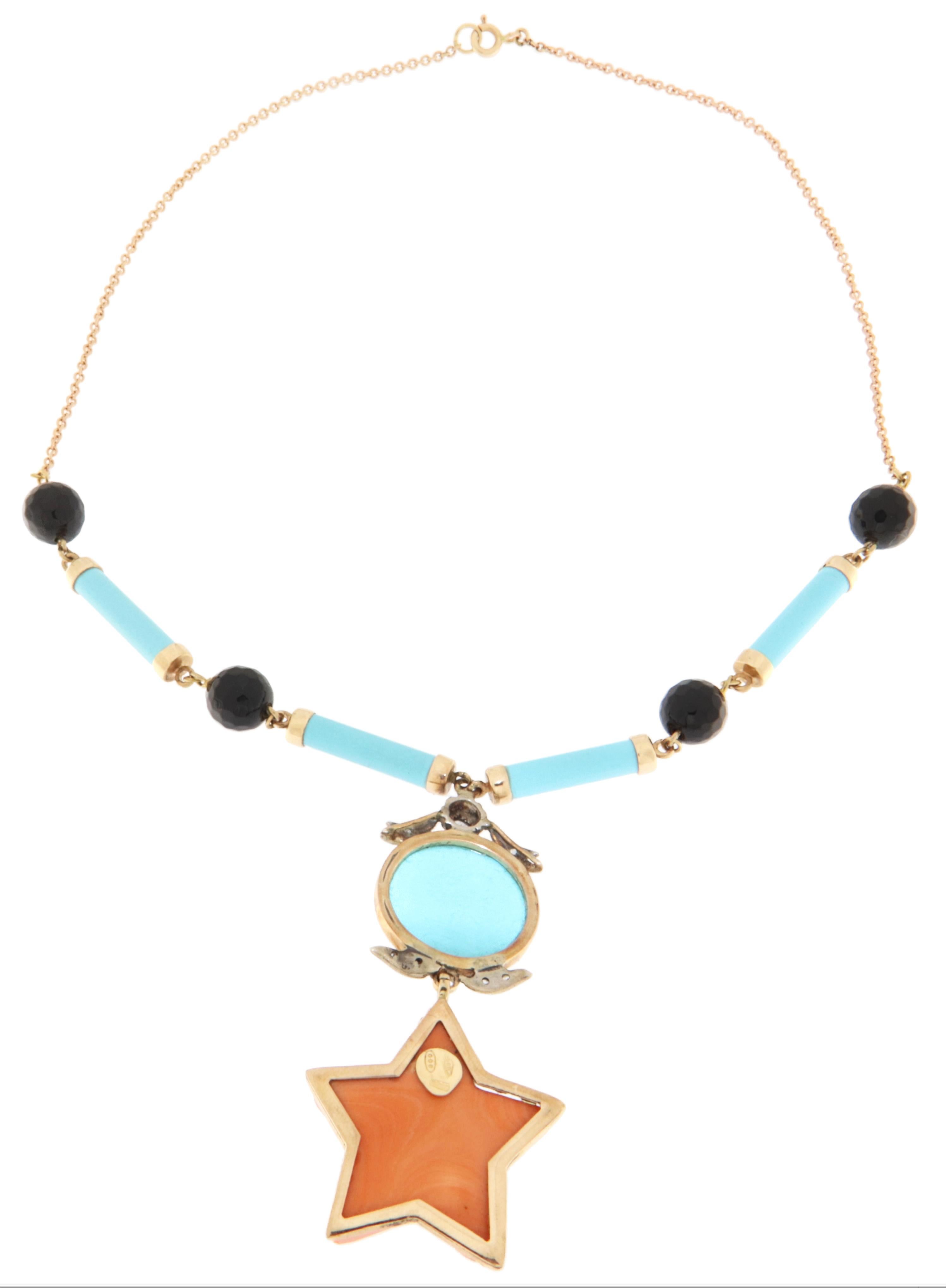 Coral Turquoise Diamonds Onyx 14 Karat Yellow Gold Pendant Necklace In New Condition For Sale In Marcianise, IT