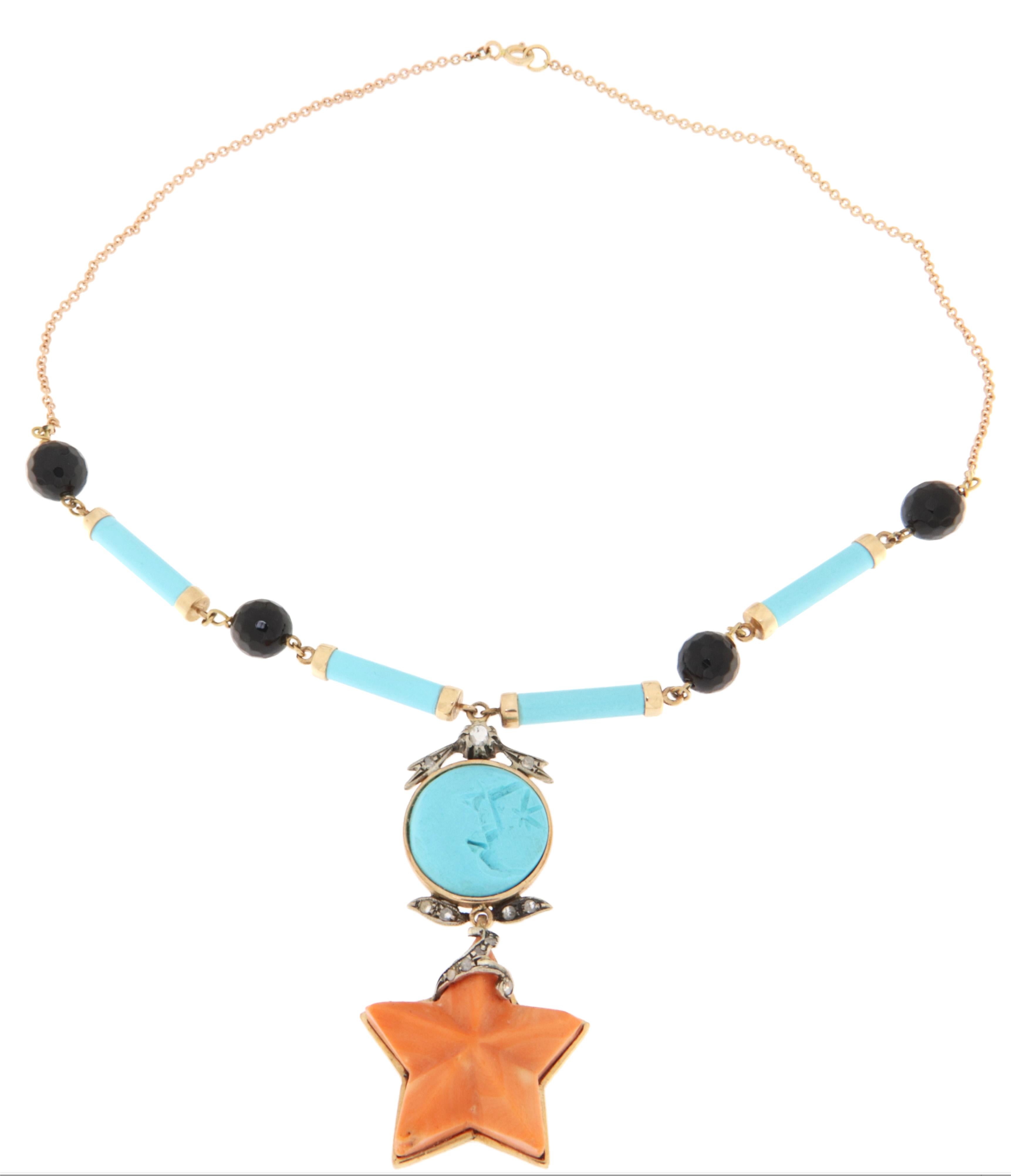 Women's Coral Turquoise Diamonds Onyx 14 Karat Yellow Gold Pendant Necklace For Sale