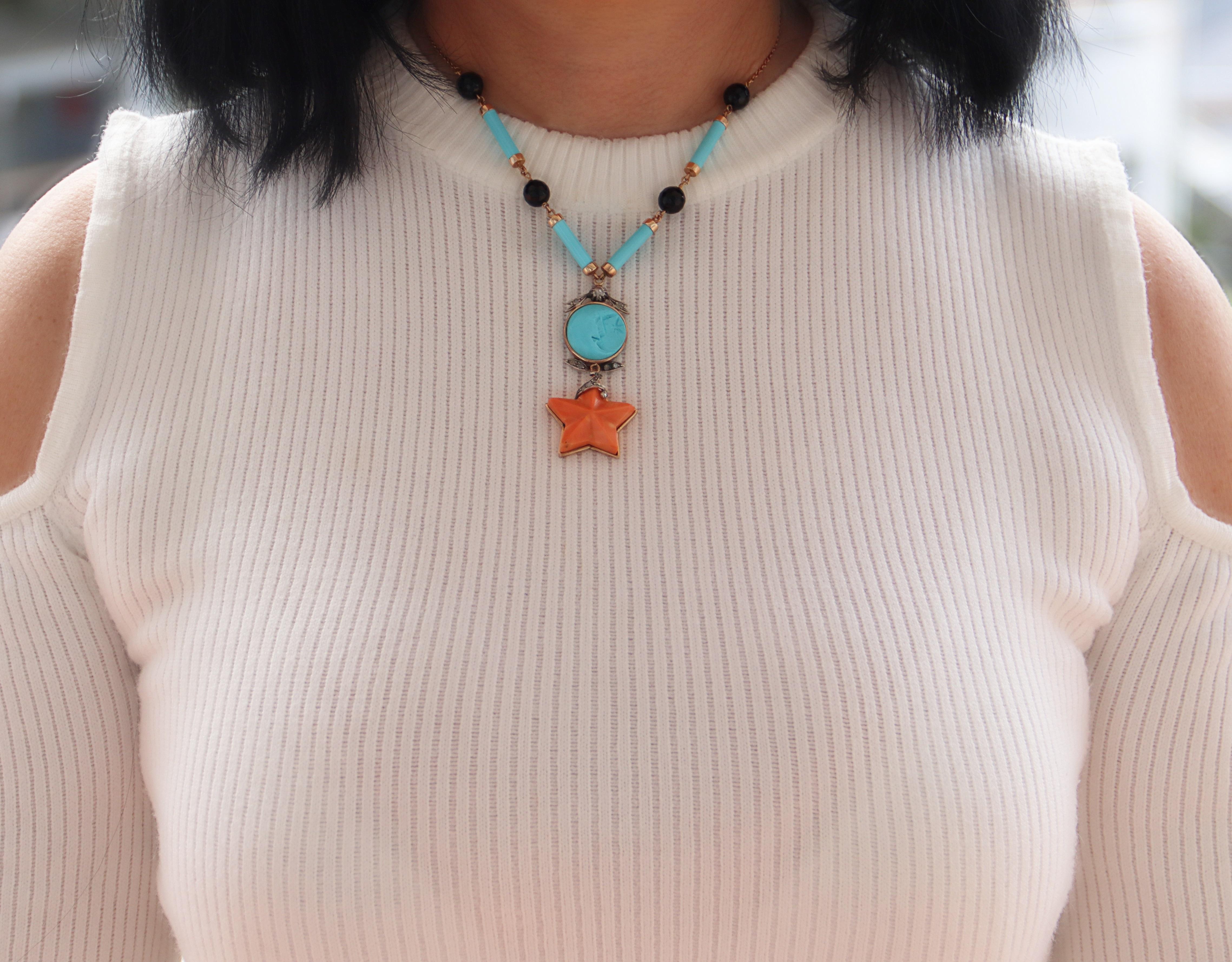 Coral Turquoise Diamonds Onyx 14 Karat Yellow Gold Pendant Necklace For Sale 1