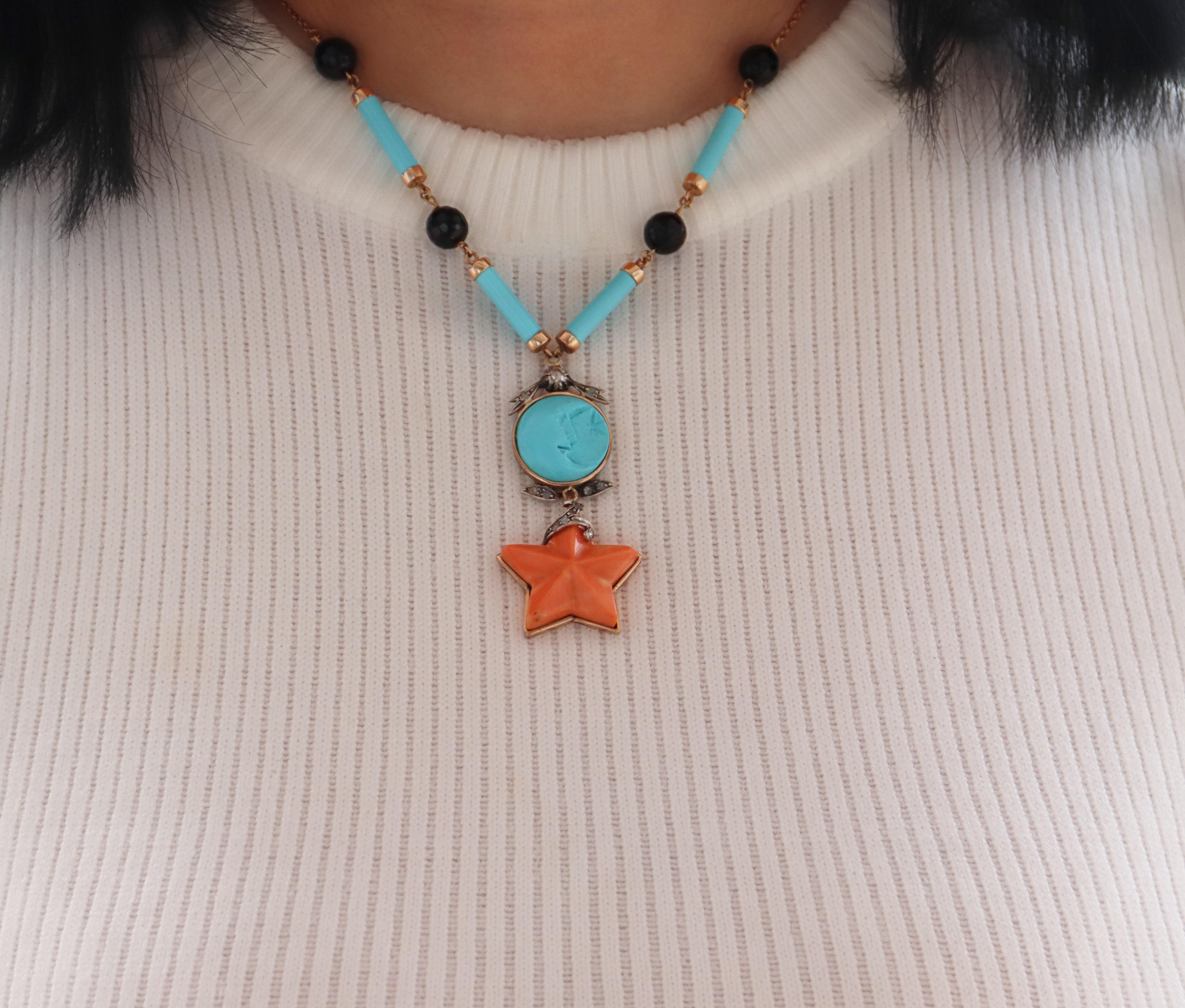 Coral Turquoise Diamonds Onyx 14 Karat Yellow Gold Pendant Necklace For Sale 2