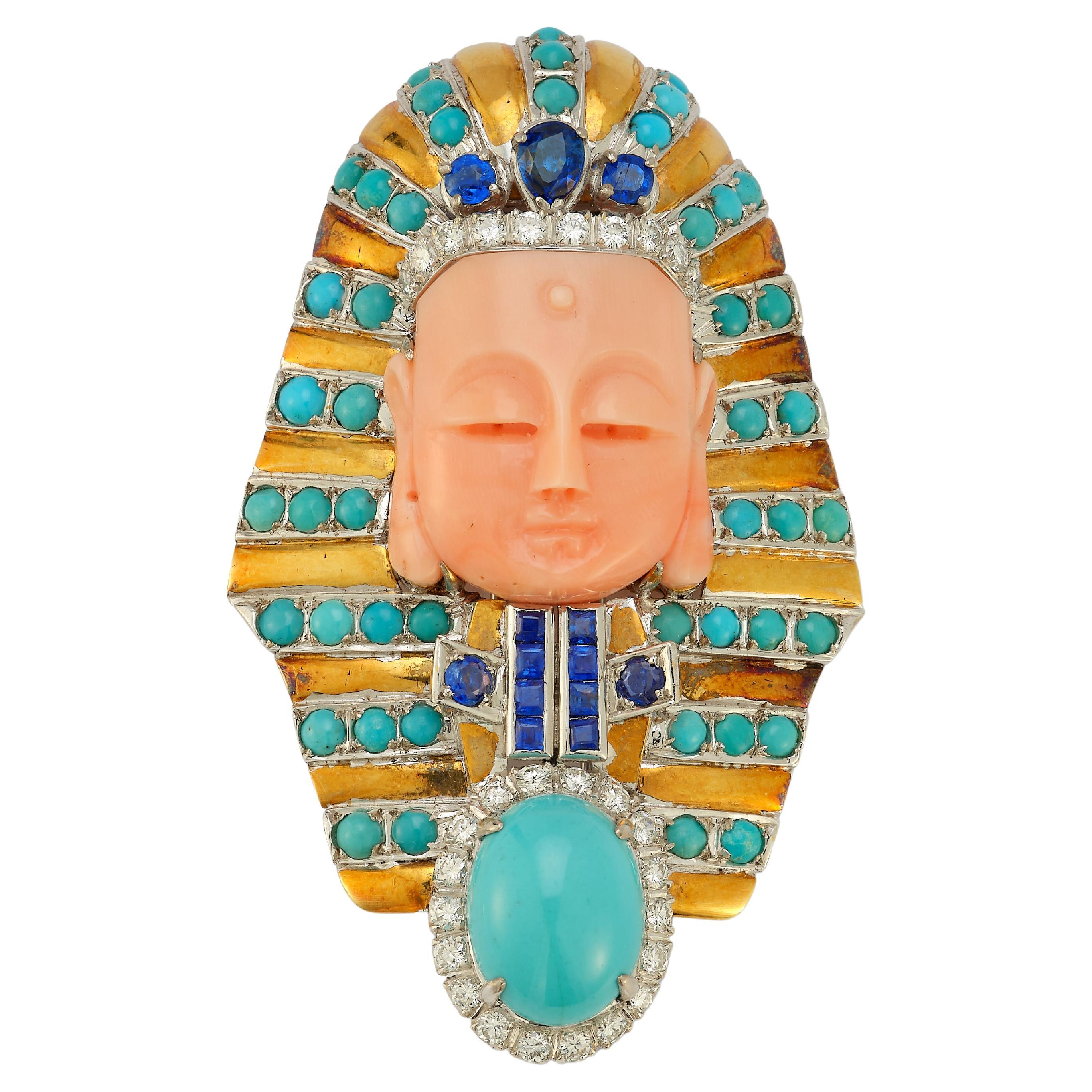 Coral & Turquoise Egyptian Revival Brooch by Trio For Sale