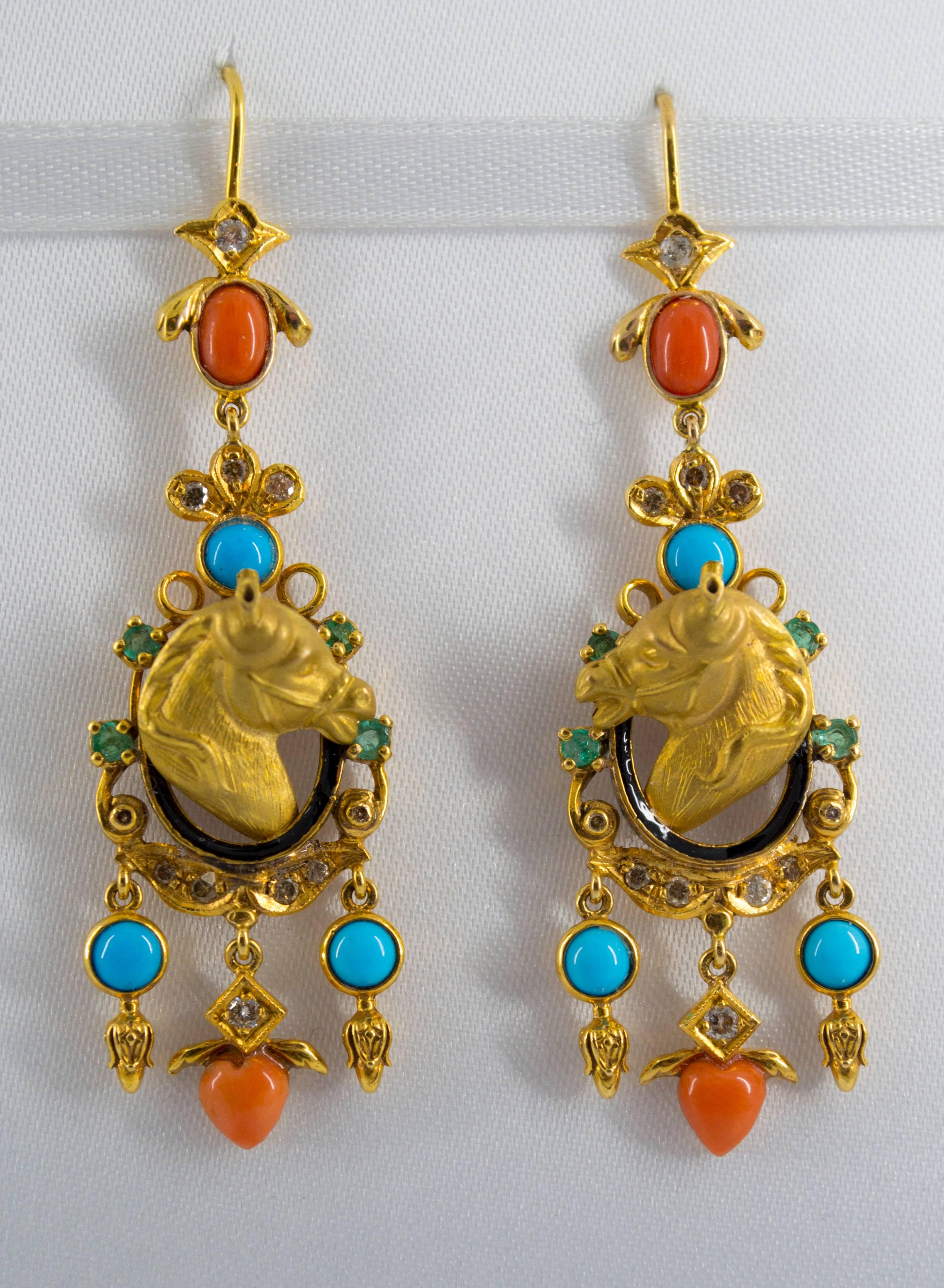 These earrings are made of 14K Yellow Gold.
They have Coral, Turquoise, 0.40 Carats of Emeralds and 0.50 Carats of White Diamonds.
These earrings are part of the animal collection, the result of the observation of nature and its inhabitants made by