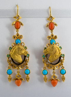 Coral Turquoise 0.90 Carat Emerald White Diamond Yellow Gold Horse Drop Earrings