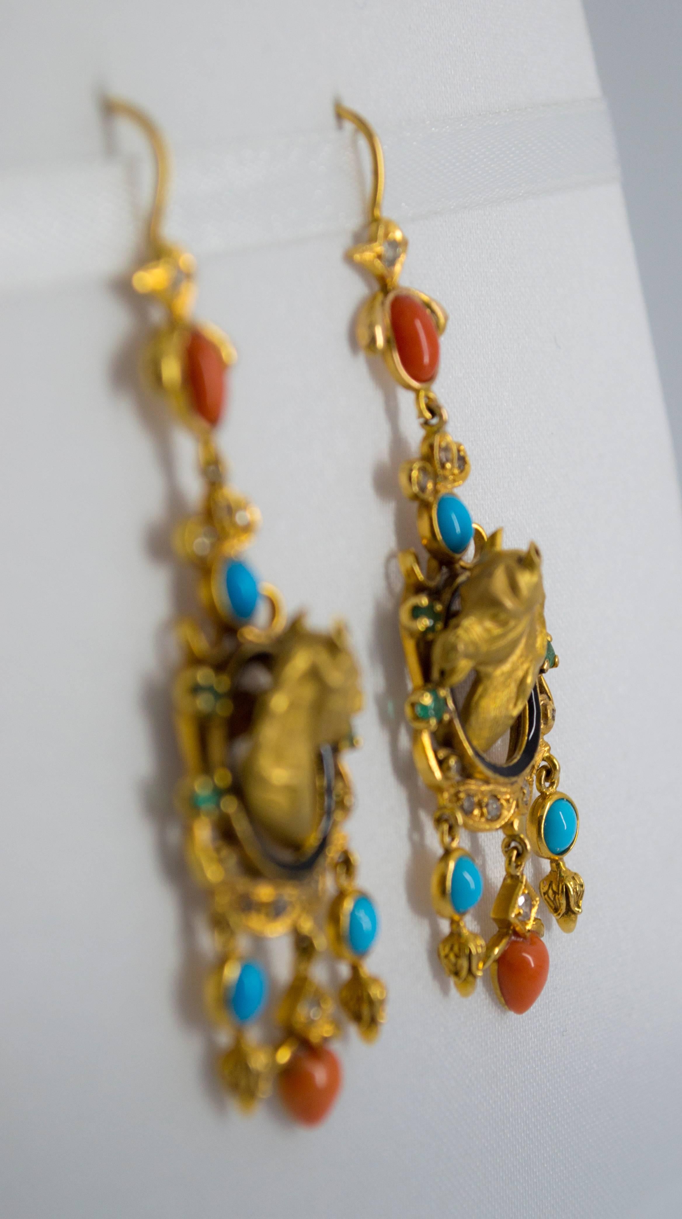Coral Turquoise 0.90 Carat Emerald White Diamond Yellow Gold Horse Drop Earrings In New Condition In Naples, IT
