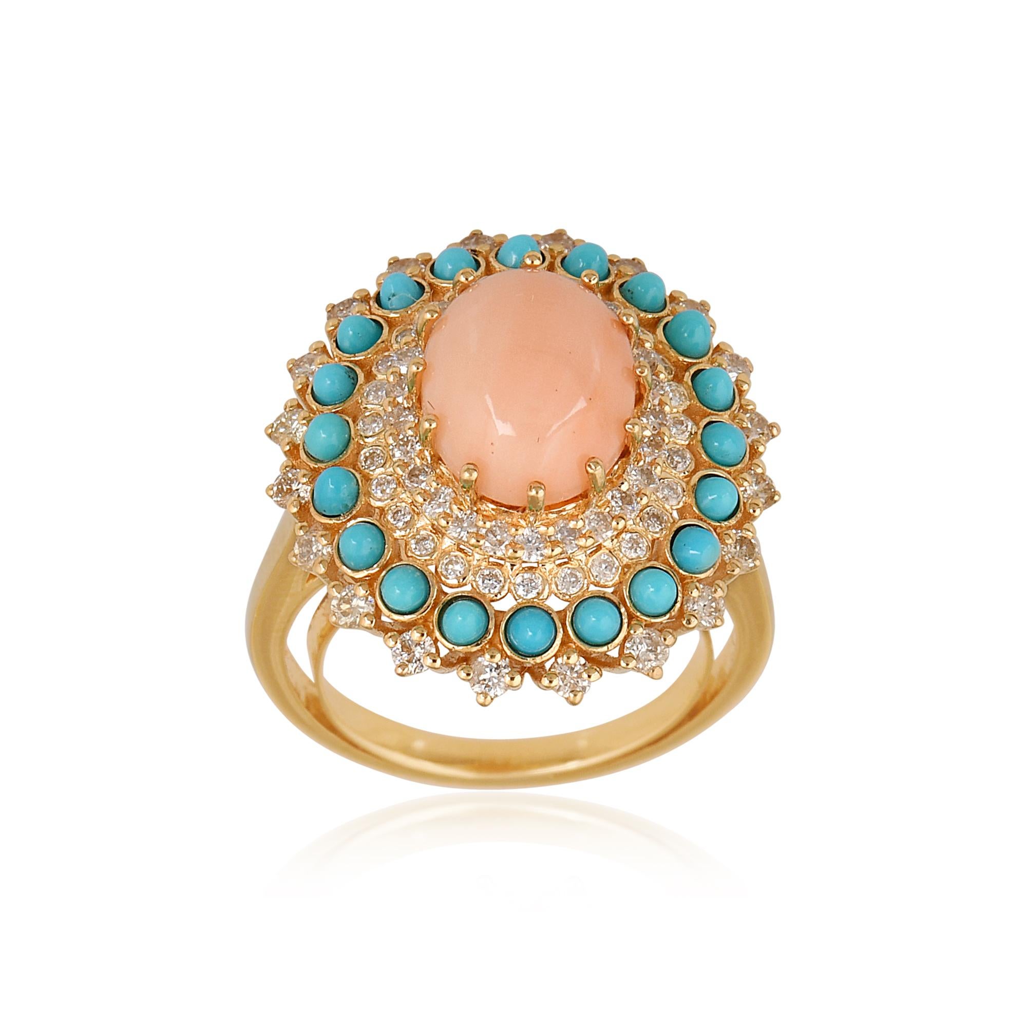 For Sale:  Coral Turquoise Gemstone Pave Diamond Cocktail Ring 18k Yellow Gold Fine Jewelry 4