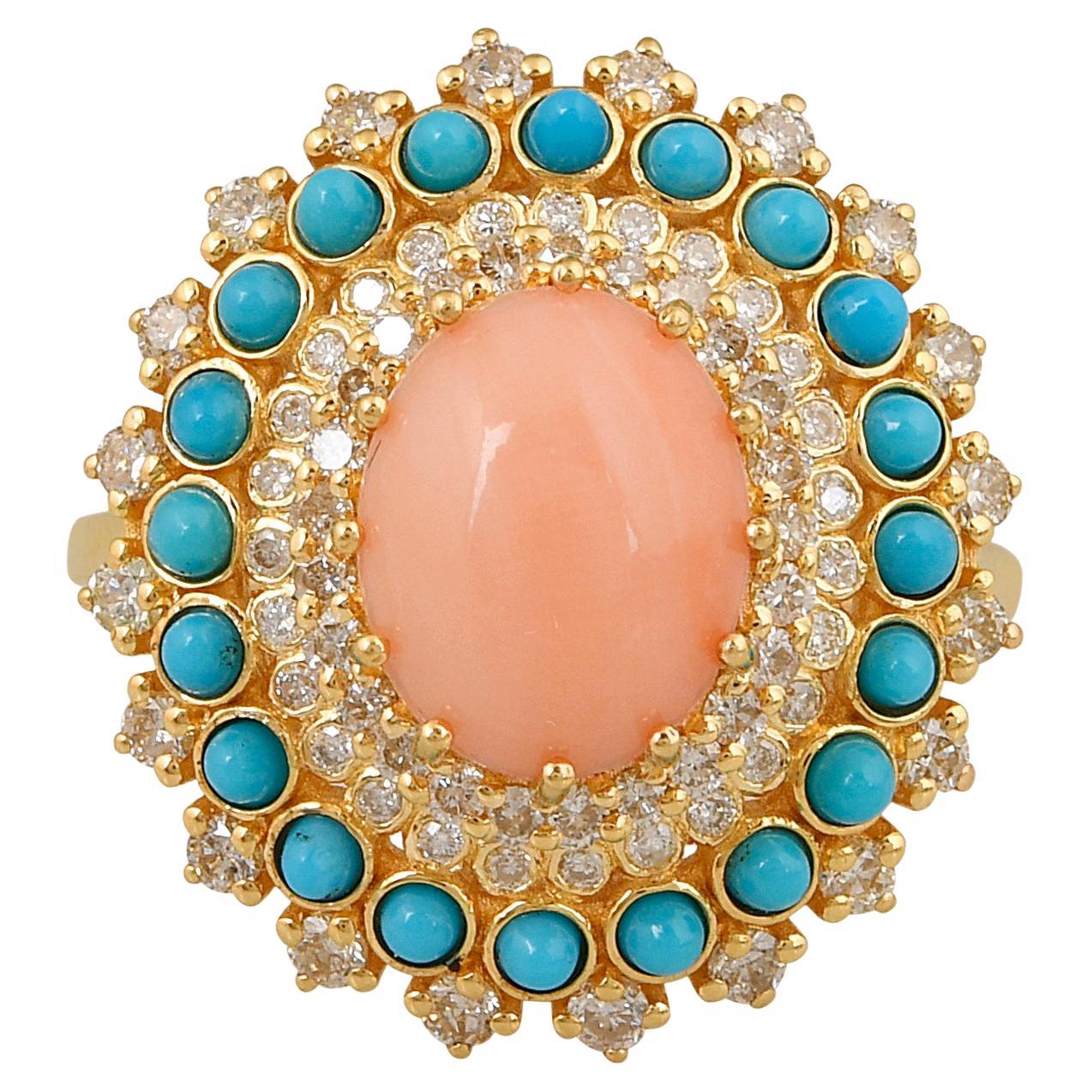 Coral Turquoise Gemstone Pave Diamond Cocktail Ring 18k Yellow Gold Fine Jewelry