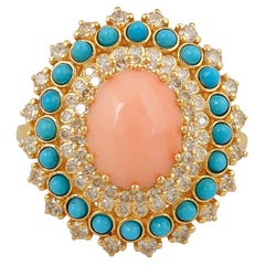 Coral Turquoise Gemstone Pave Diamond Cocktail Ring 18k Yellow Gold Fine Jewelry