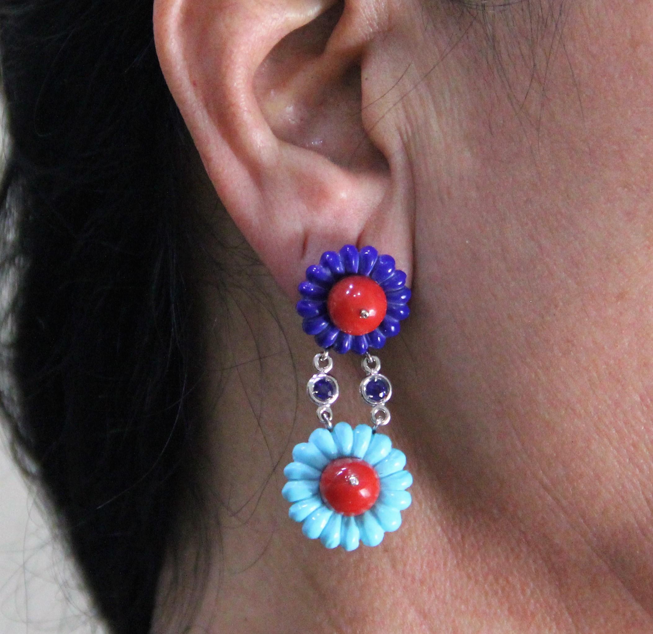 Coral,Turquoise,Lapis 18 Karat White Gold,Sapphires And Diamonds, Drop Earrings

Earrings Total weight 12.20 grams
Diamonds weight 0.03 karat
Sapphires weight 1 karat
Coral weight 3.40 grams