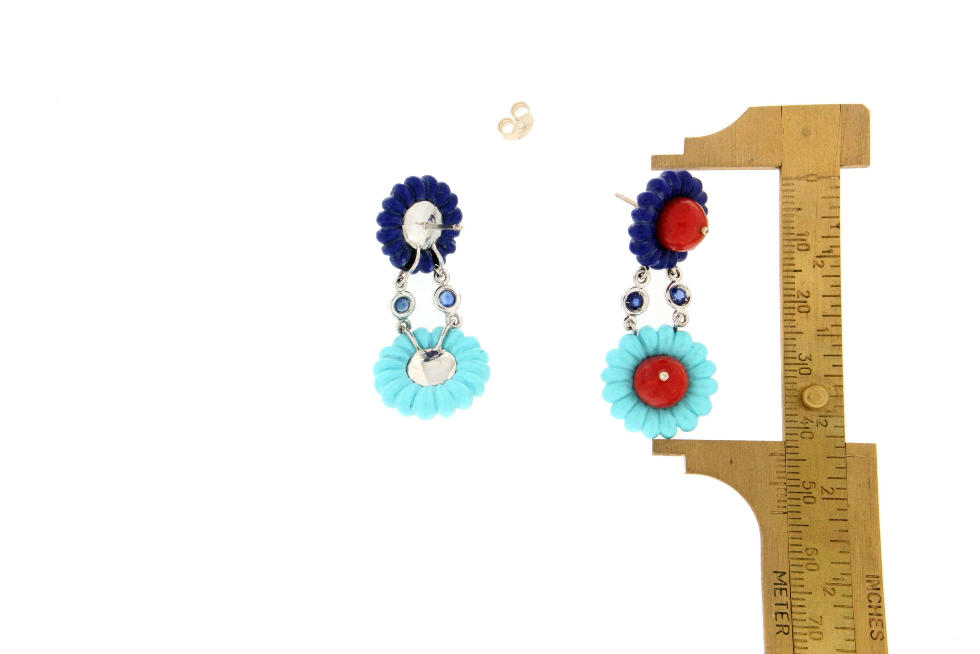 Women's or Men's Coral Turquoise Lapis 18 Karat White Gold Sapphires Drop Earrings