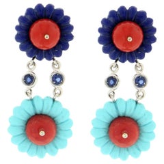 Coral Turquoise Lapis 18 Karat White Gold Sapphires Drop Earrings