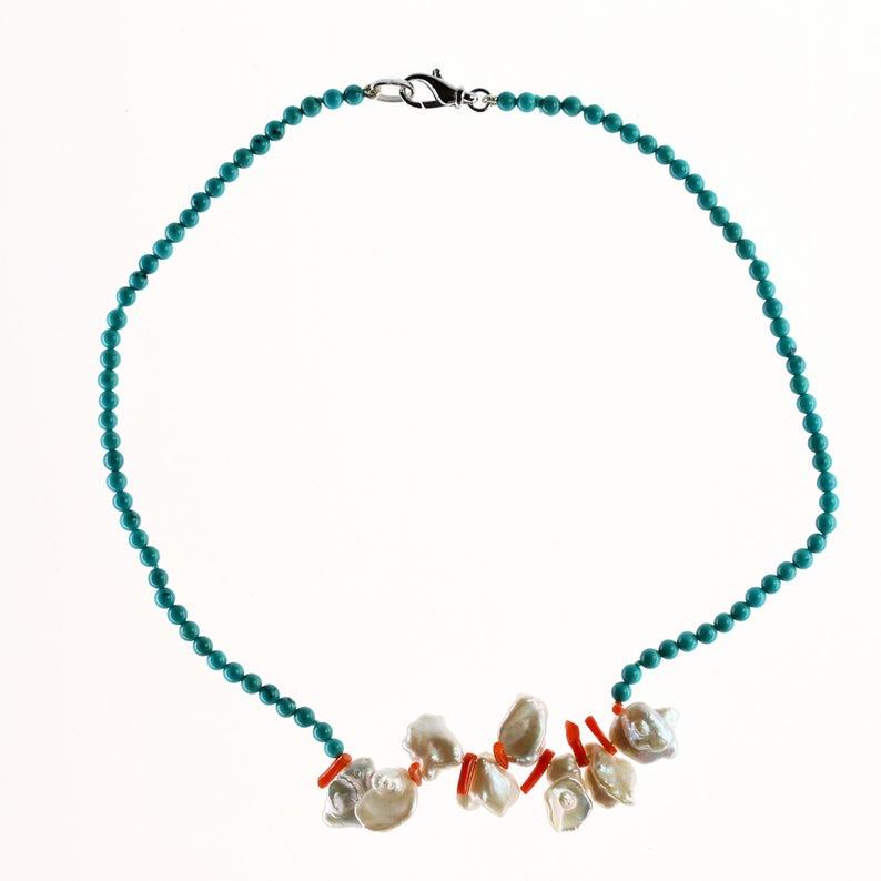 Taglio misto Collana Bracciale con perline in corallo e turchese Madreperla in argento sterling in vendita