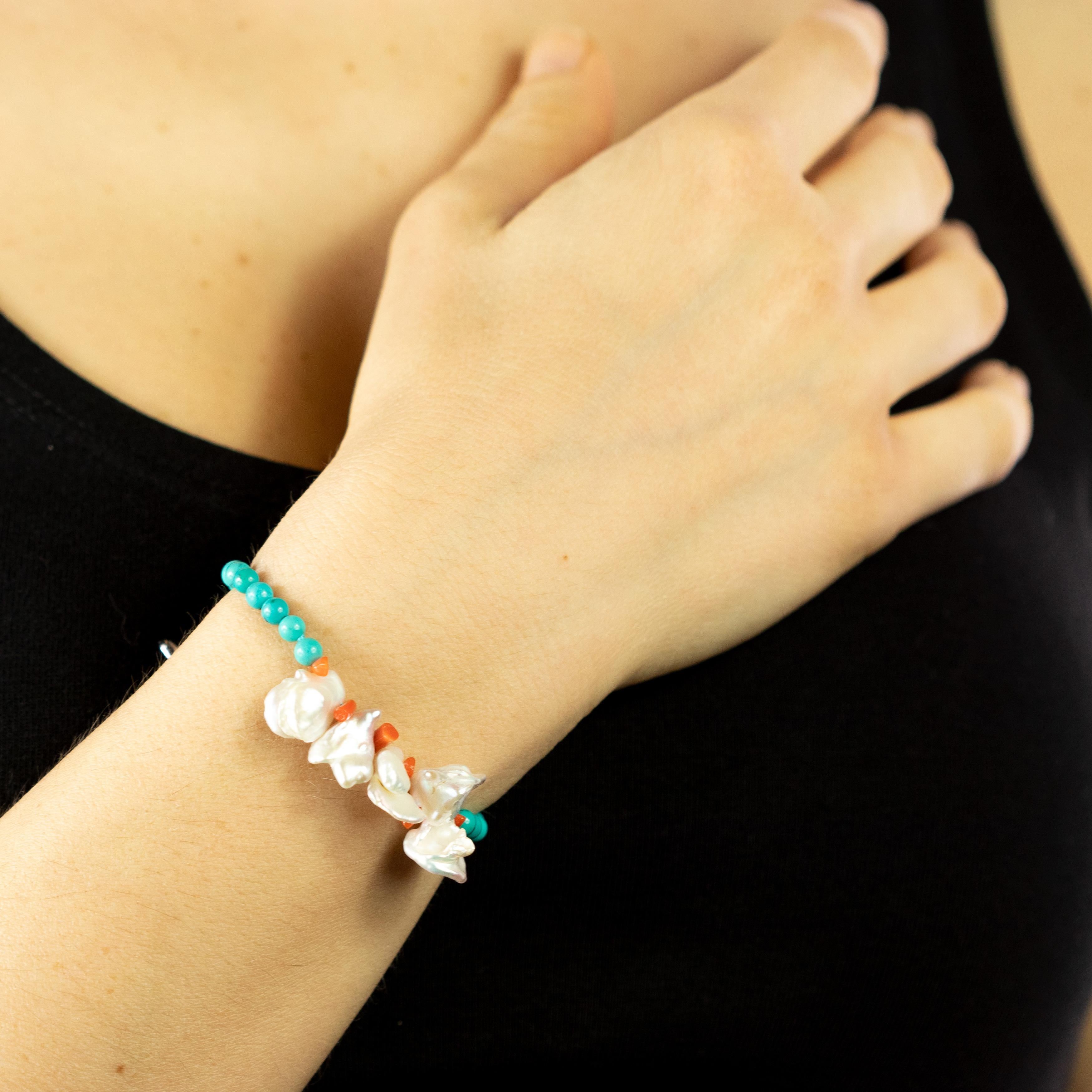 Collana Bracciale con perline in corallo e turchese Madreperla in argento sterling in vendita 3