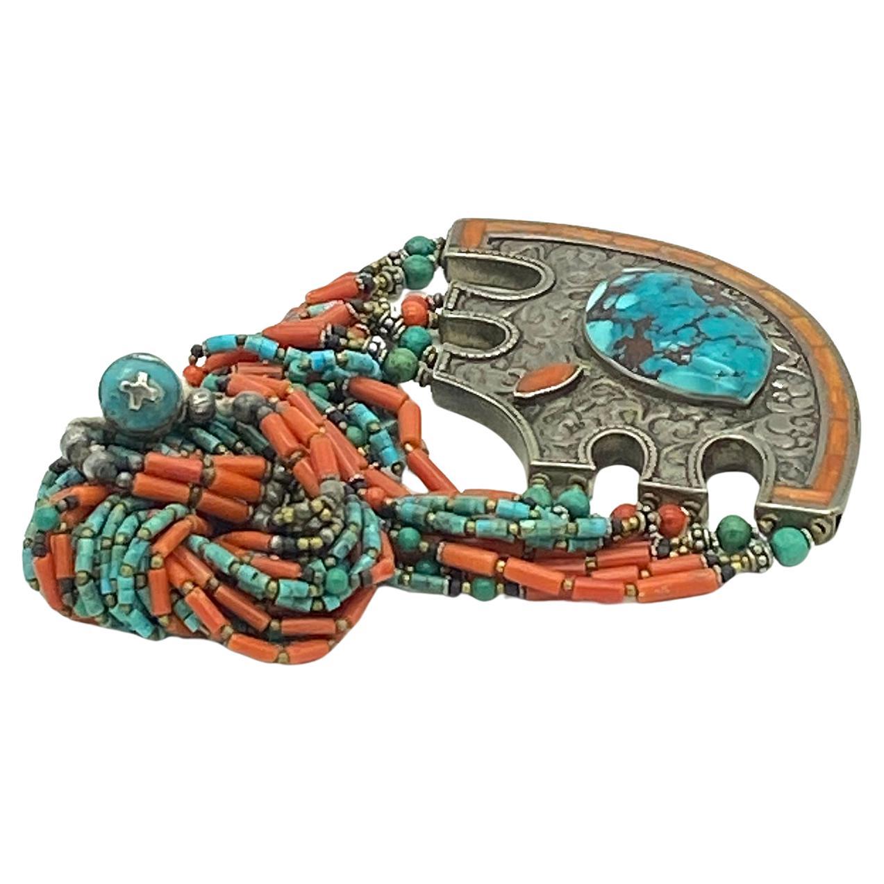 Egyptian Revival Coral & Turquoise Multi-Strand Necklace  For Sale