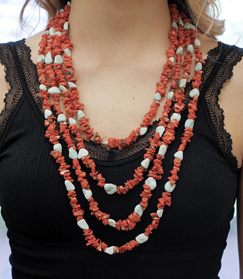 Mixed Cut Coral, Turquoise, Multi-Strands Necklace For Sale