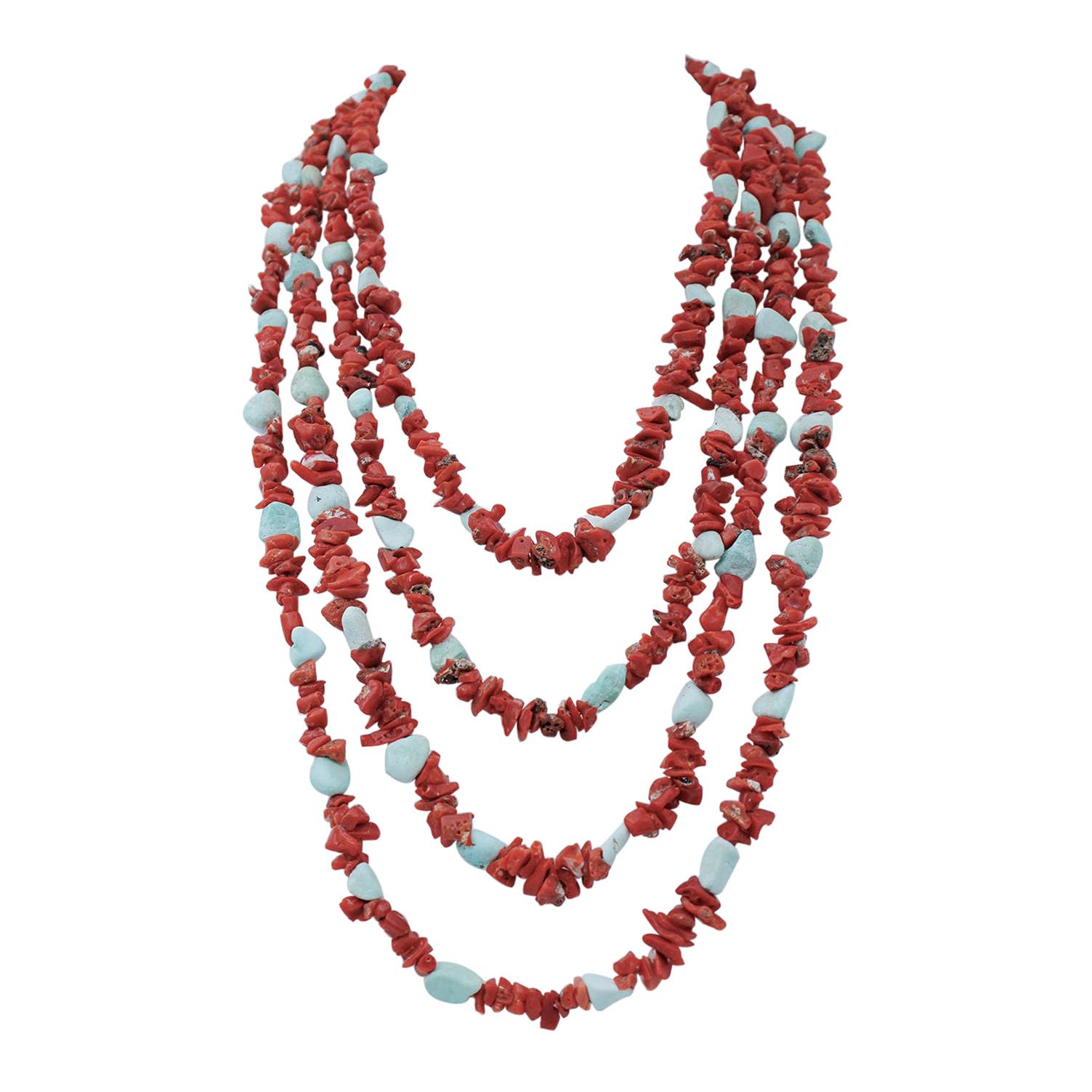 Coral, Turquoise, Multi-Strands Necklace For Sale