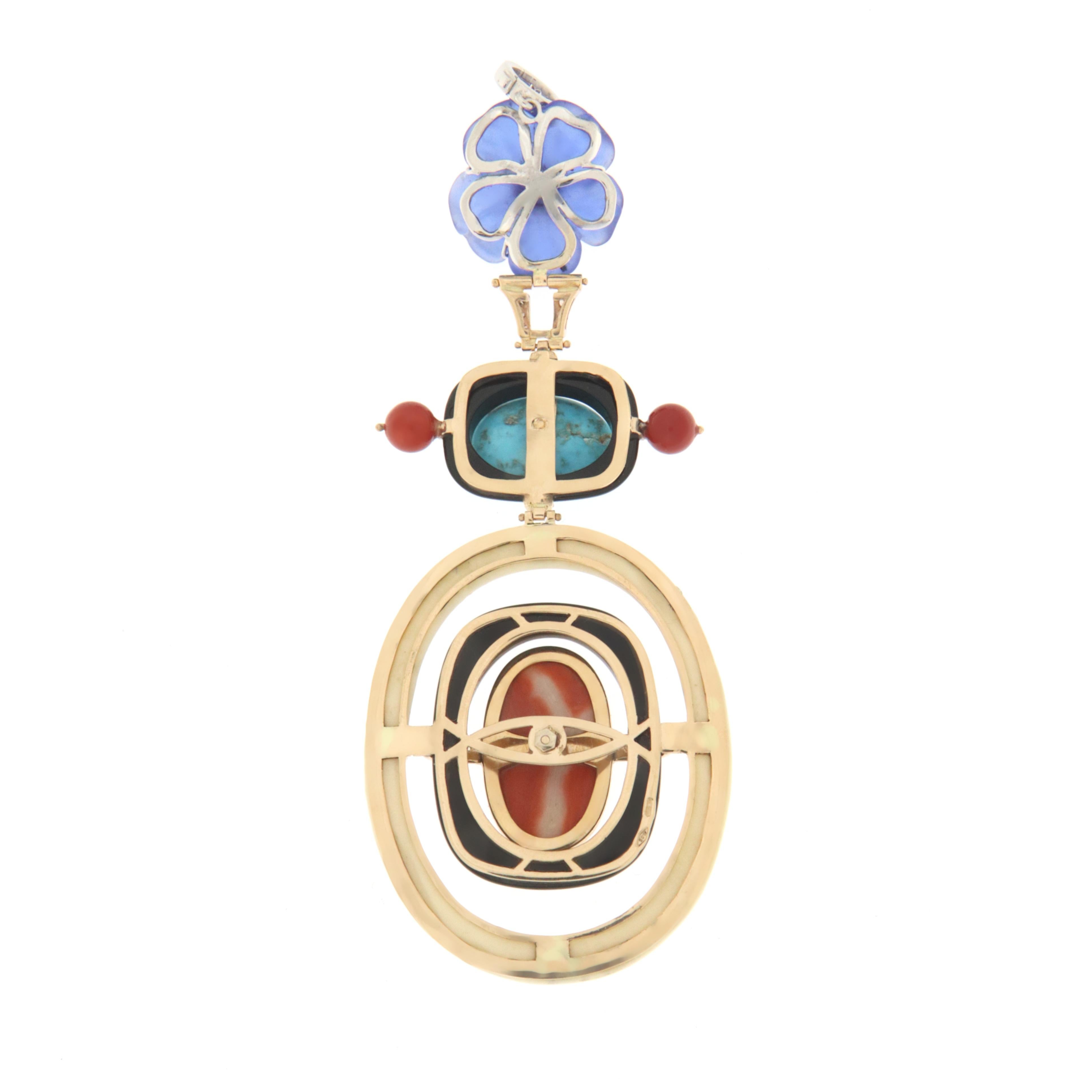 Artisan Coral Turquoise Onyx 14 Karat Gold Agate Diamonds Pendant Necklace For Sale